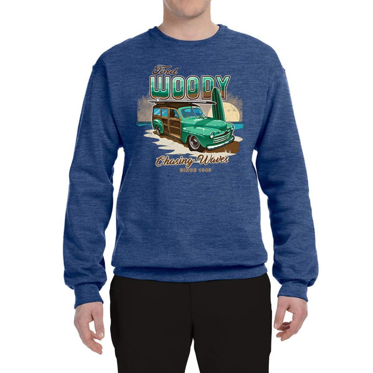 Vintage 1946 Ford Woody Chasing Waves Graphic Sweatshirt - Wild Bobby Retro Cars & Trucks Unisex Crewneck (Perfect for Beach Outings, Car Enthusiast Gifts & Casual Wear)