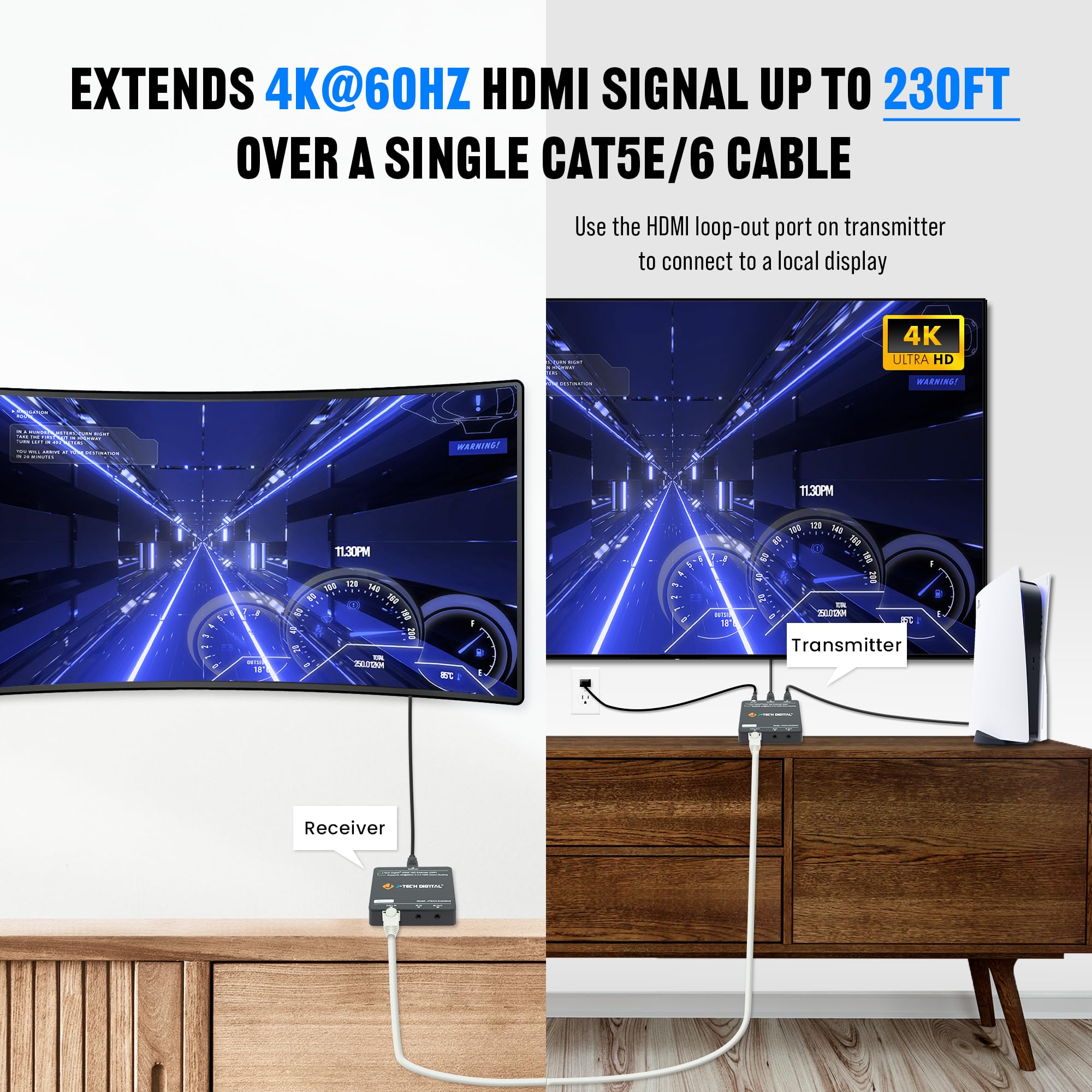 J-Tech Digital HDMI Extender 4K 60Hz Over Cat5e/6 Ethernet Cable - 230ft Range with 4K Downscaling, HDMI Loop Out, PoC, HDR & Bi-Directional IR [JTECH-EX230V2] - Perfect for Home Theater, Conference Rooms & Long-Distance AV Setups