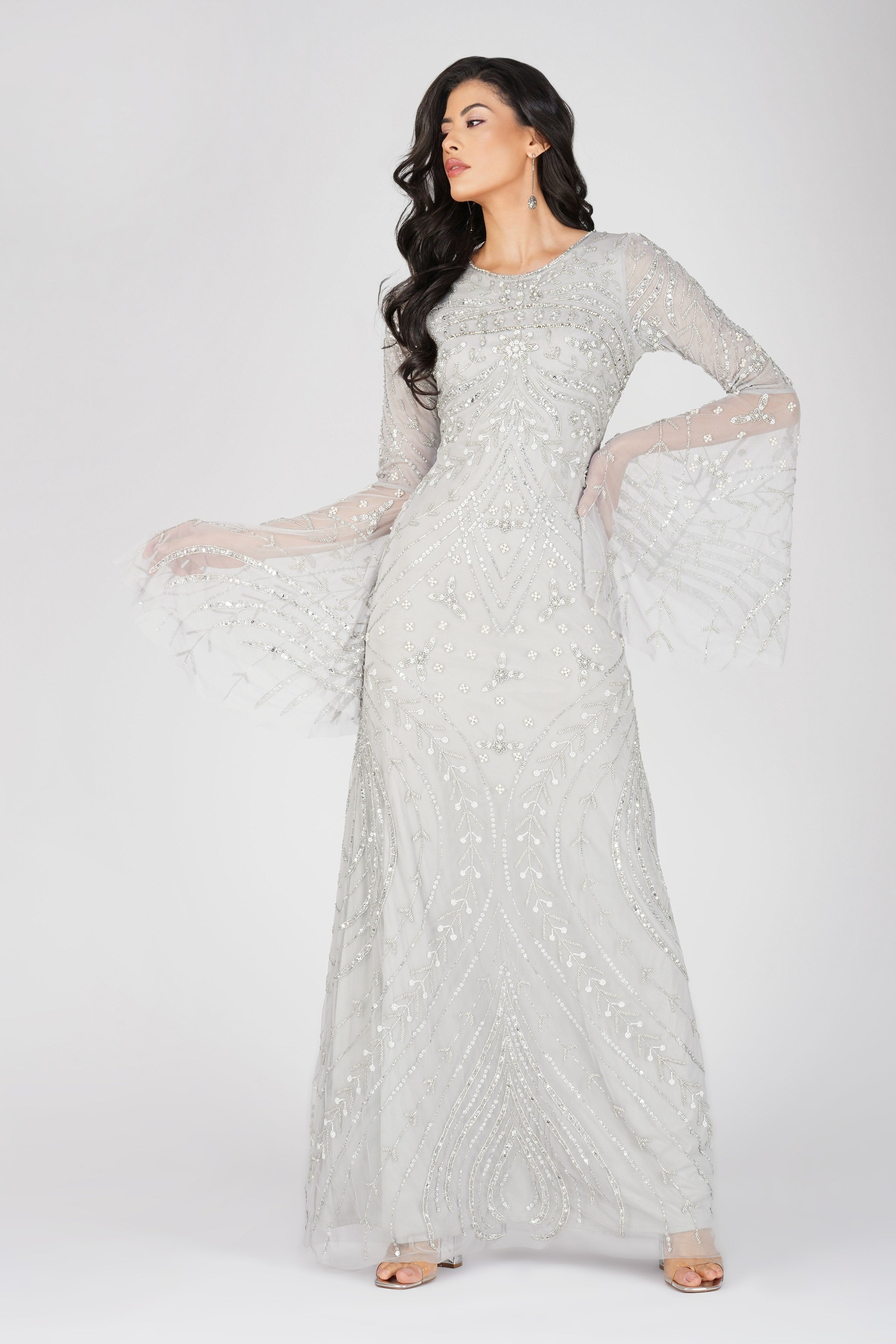Aleena Embellished Maxi Dress in Silver - Elegant Evening Gown for Weddings, Parties & Special Occasions | Women's Formal Long Dress with Sequins