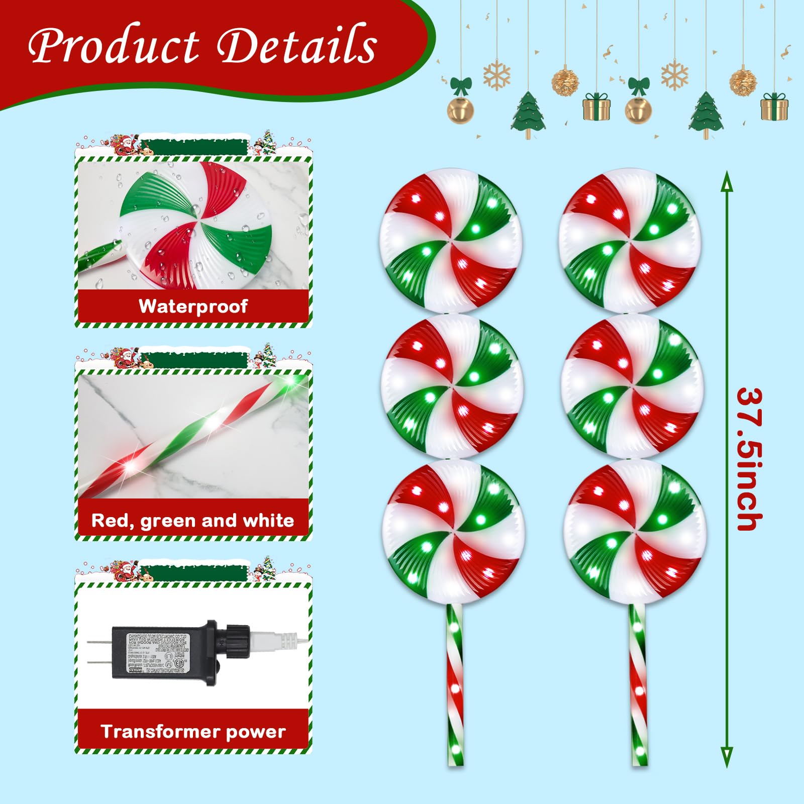 37.5 Inch Giant Lollipop Christmas Lights Outdoor Decorations - 2 Pack Waterproof Peppermint Candy Cane Pathway Lights with 8 Lighting Modes (Red Green White) - Perfect for Porch, Walkway, Yard, and Holiday Party Decor
