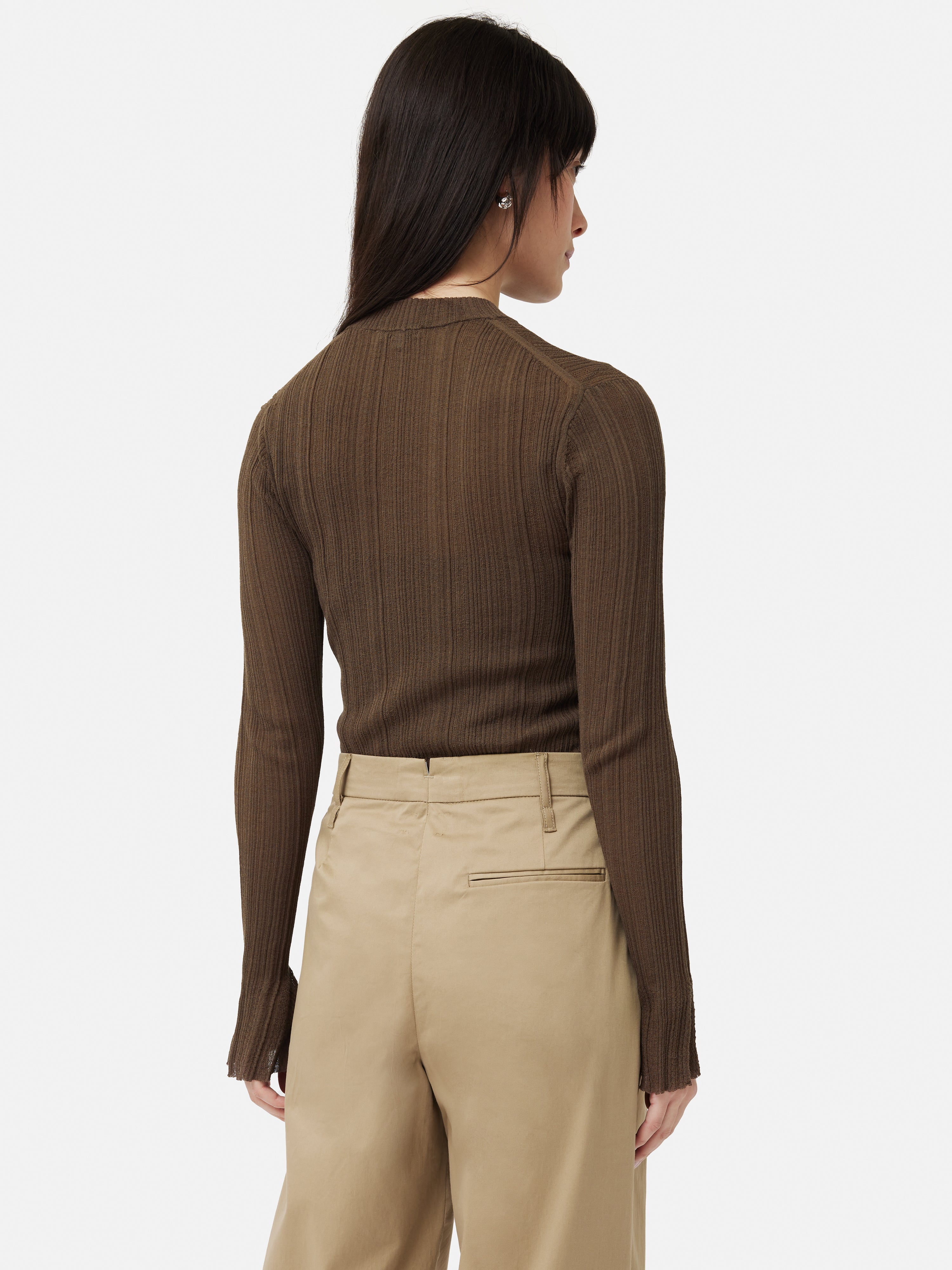 Trendy Brown Plisse Crew Top for Women - Casual & Stylish Irregular Knit Shirt - Perfect for Layering, Office Wear & Everyday Outfits