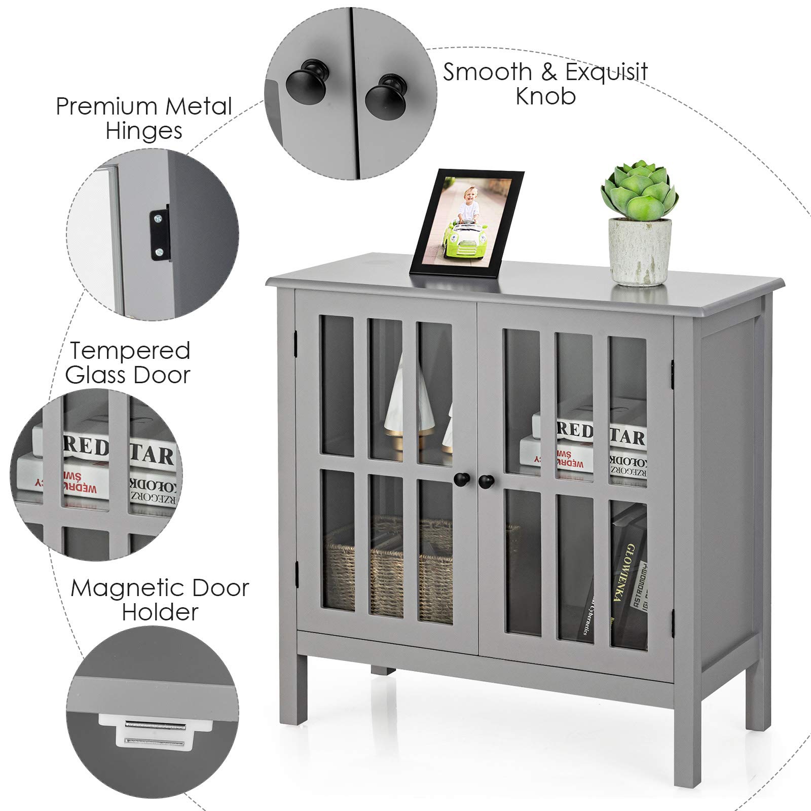 Tangkula Grey Sideboard Buffet Cabinet with 2 Glass Doors - Kitchen Dining Room Storage Cabinet, Liquor Curio Display, Cupboard Console Table for Home Decor & Entertaining