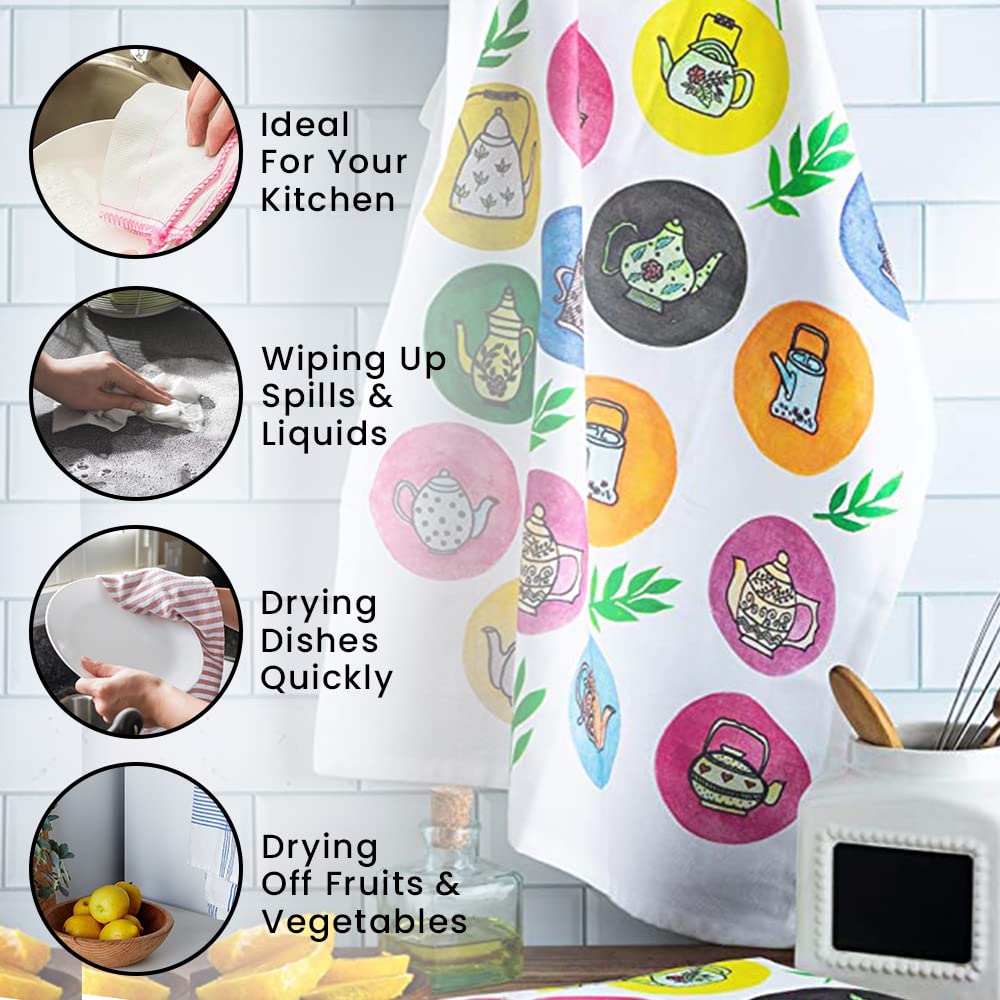 Printed Cotton Kitchen Towels Set of 3 - Super Absorbent & Soft for Dishes & Tea