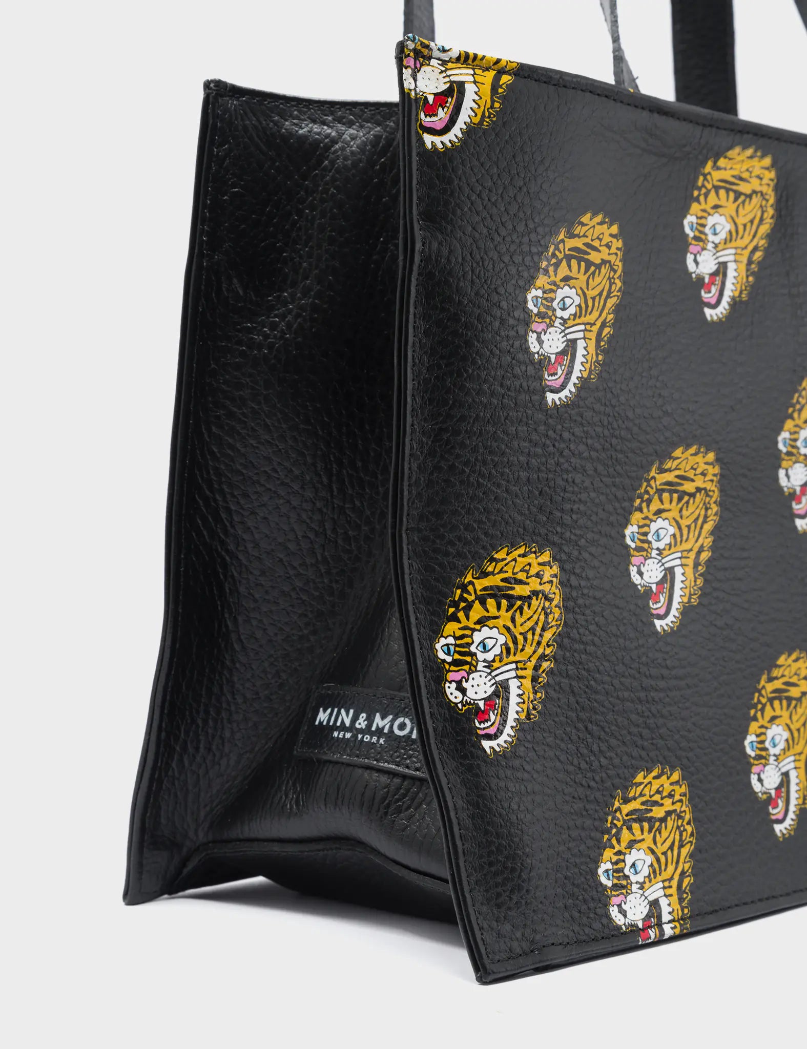 Stylish Marko Small Black Leather Tote Bag with Exquisite Blazing Tiger Print - Perfect for Work, Travel & Everyday Use