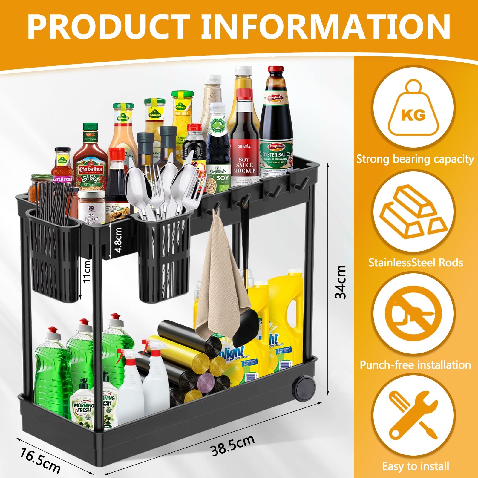 McNory 2-Tier Under Sink Organizer Shelf with 8 Hooks & 4 Hanging Cups - Bathroom & Kitchen Cabinet Storage for Sponges, Cleaning Supplies - Perfect for Small Spaces, Vanity, Countertop Organization