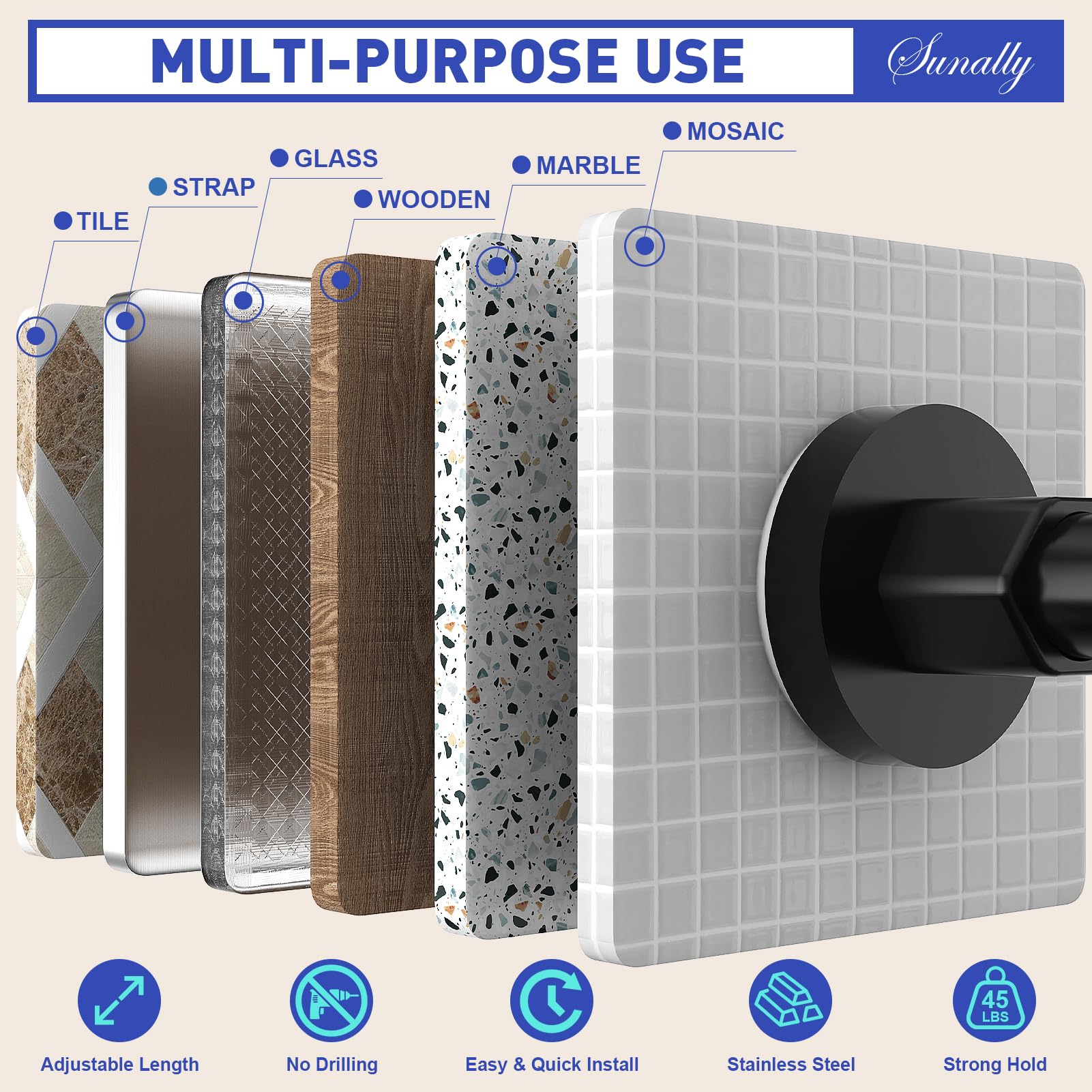 No-Drill Adjustable Shower Curtain Rod 32-75 Inch, Rust-Resistant Stainless Steel Telescoping Tension Rod for Bathroom - Non-Slip, Black - Perfect for Apartments, Dorms & Small Bathrooms