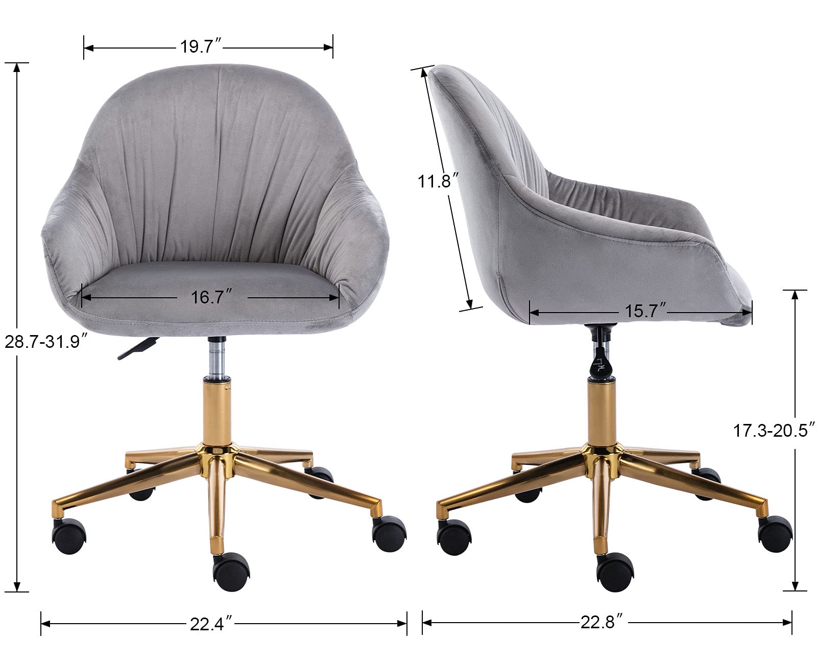 Modern Velvet Vanity Chair with Gold Base - Adjustable Swivel Upholstered Desk Chair for Home Office, Makeup Room & Bedroom | Soft Grey Velvet Computer Chair for Women's Dressing Table & Reception Area