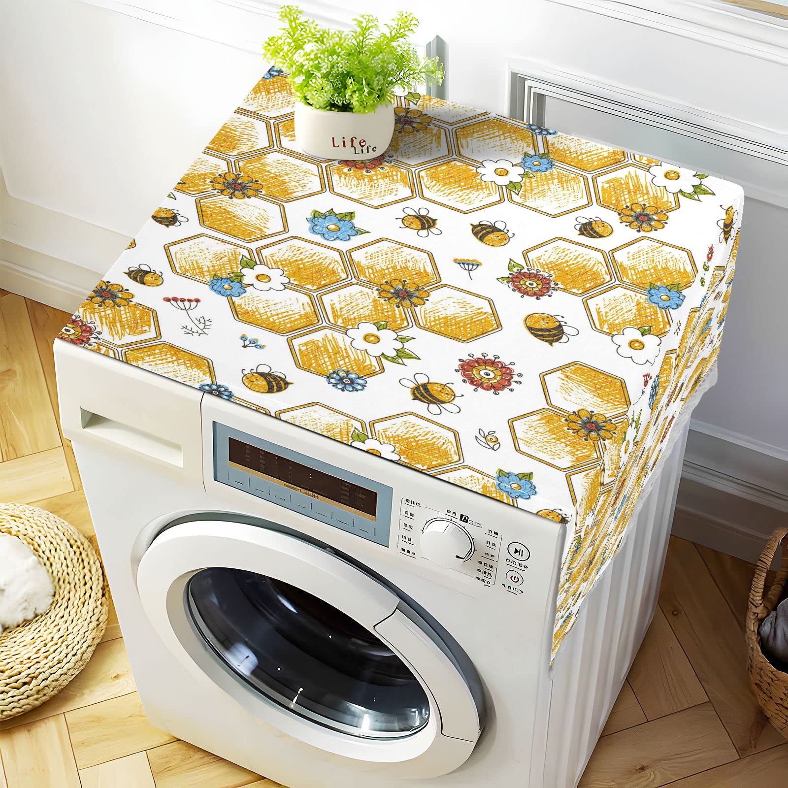 Honeycomb Bees Geometric Abstract Washing Machine Cover - 51''x22'' Non-Slip Washer Dryer Top Mat, Waterproof Refrigerator Dust Cover with 4 Storage Bags - Perfect for Front Load Laundry Rooms & Home Decor