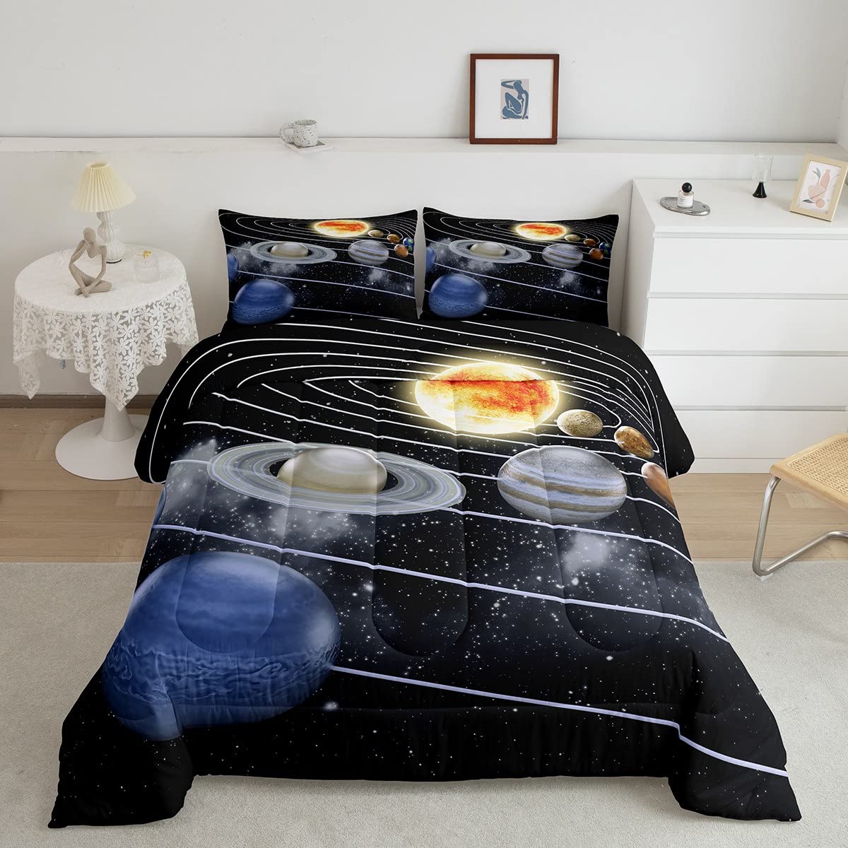 Erosebridal Galaxy Print Queen Size Down Comforter Set - Space Theme Quilted Duvet with 2 Pillowcases for Adults & Teens | Solar System Bedding for Cozy Nights & Starry Sky Decor