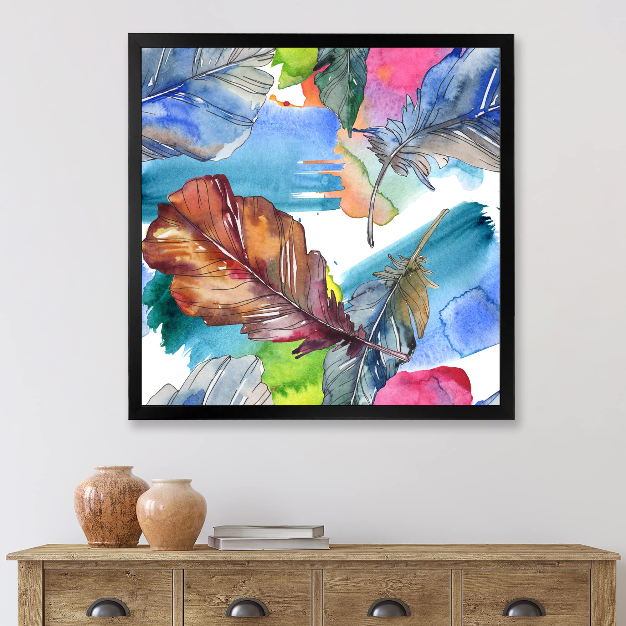 Blue and Pink Bird Feather Traditional Framed Wall Art - Elegant Home Decor for Living Room, Bedroom & Office