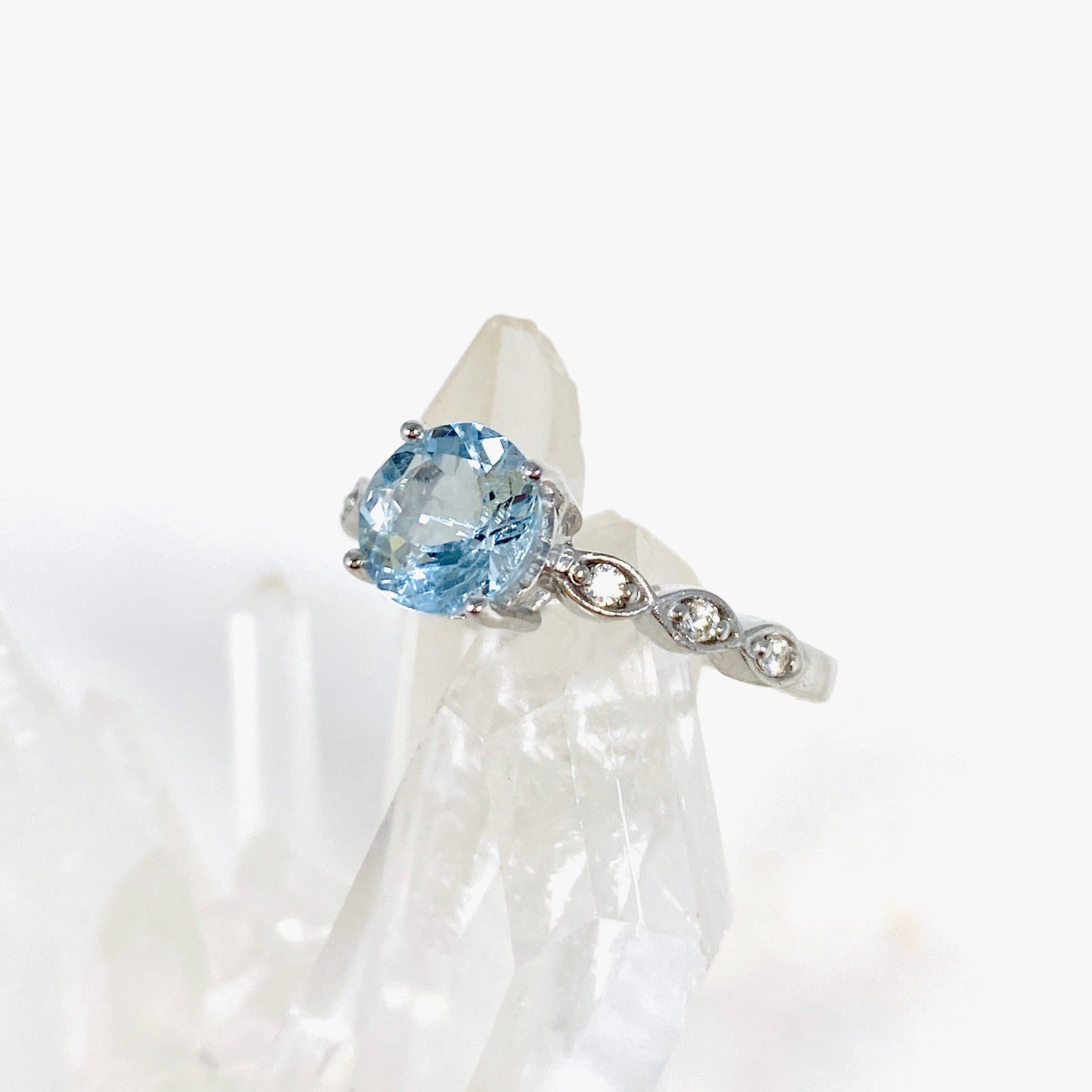 Aquamarine Oval Faceted Sterling Silver Ring with Cubic Zirconia - Size 6 - Perfect for Engagement, Wedding & Everyday Elegance