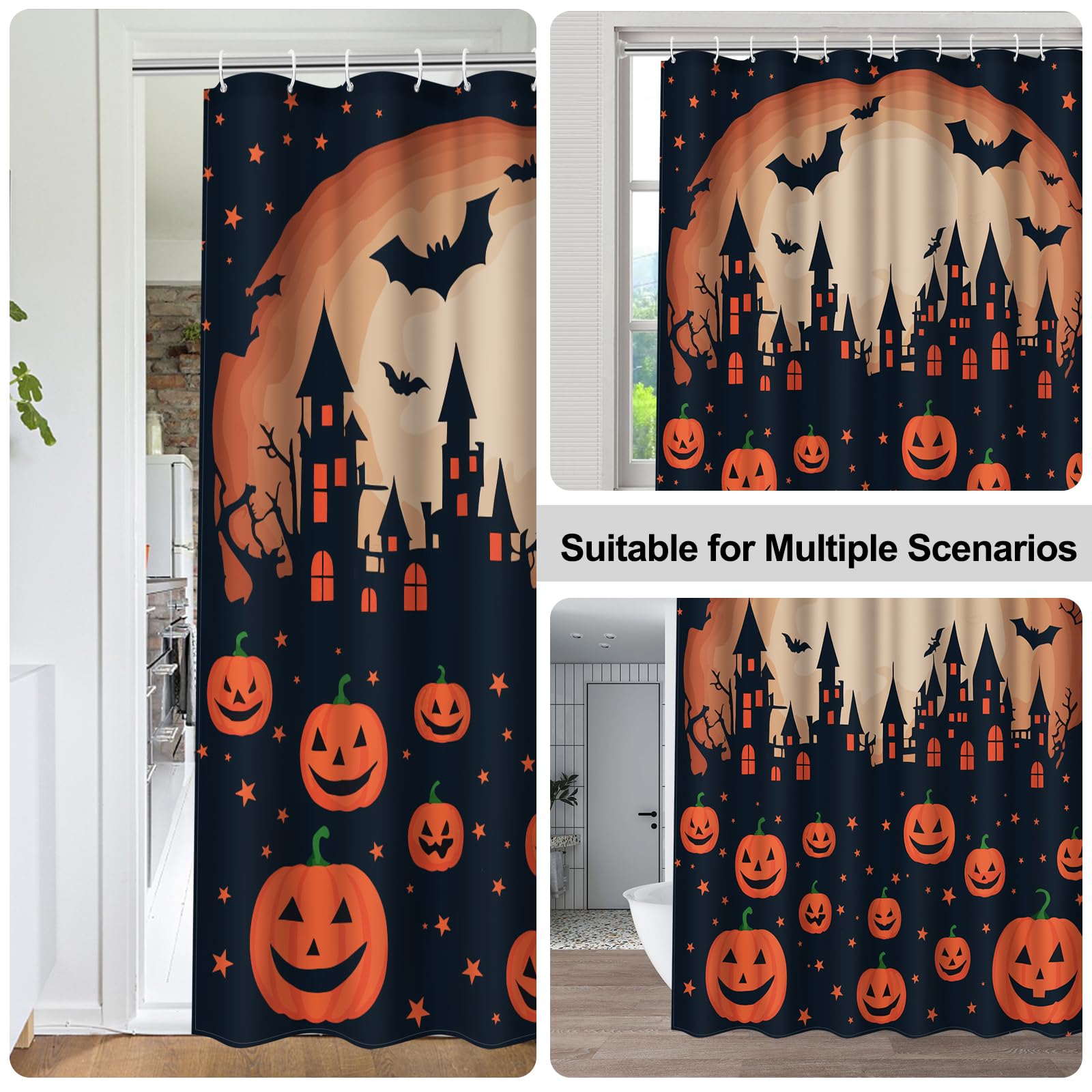 Halloween Pumpkin Shower Curtain Set - 72x72 Inch Skeleton & Skull Jack-O-Lantern Design - Waterproof Bathroom Decor for Bathtub or Shower - Perfect for Halloween Party, Spooky Bathroom Makeover & Seasonal Home Decoration
