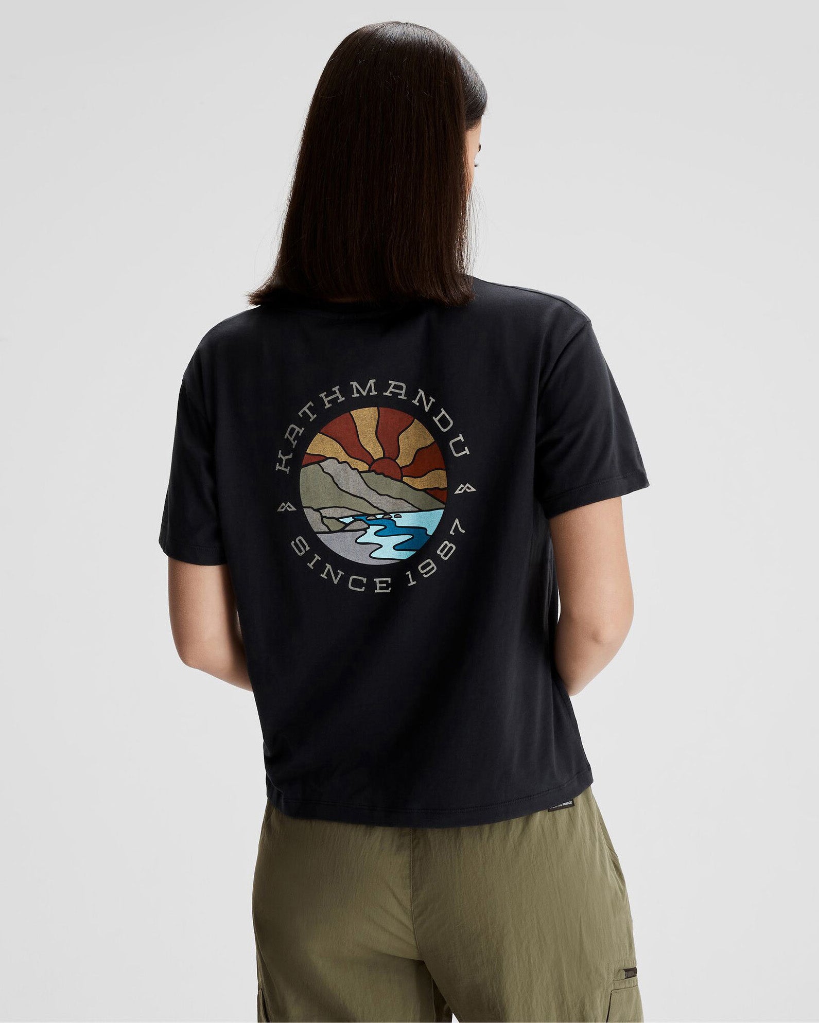 Women's Kathmandu Logo Sunburst Organic Cotton T-Shirt - Black | Eco-Friendly Casual Tee for Outdoor Activities & Everyday Wear