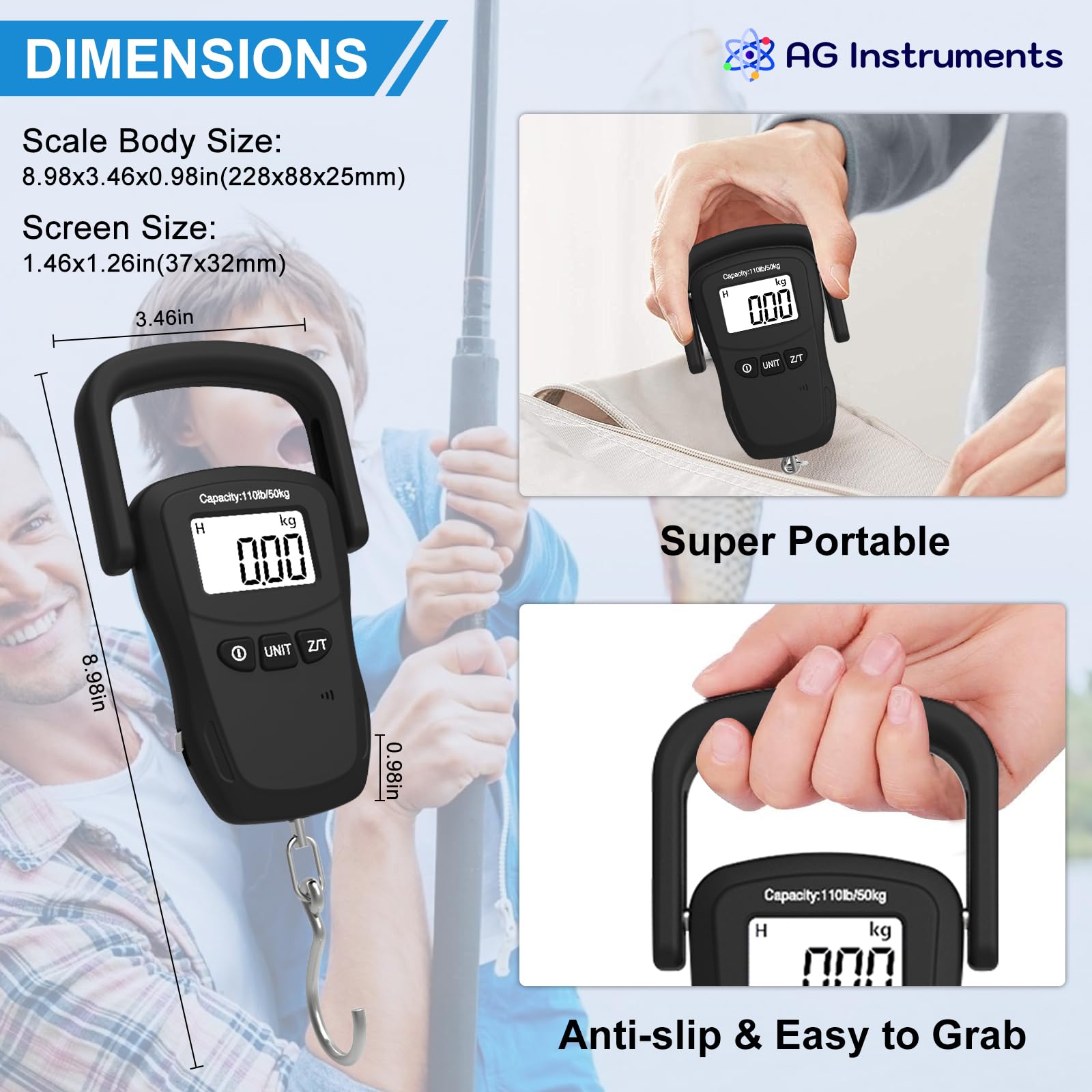 Digital Fish Scale with Large Handle - 110lb Capacity & 1.6oz Accuracy - Hanging Scale with Measuring Tape - Perfect for Fishing, Luggage Weighing & Hay Measurement