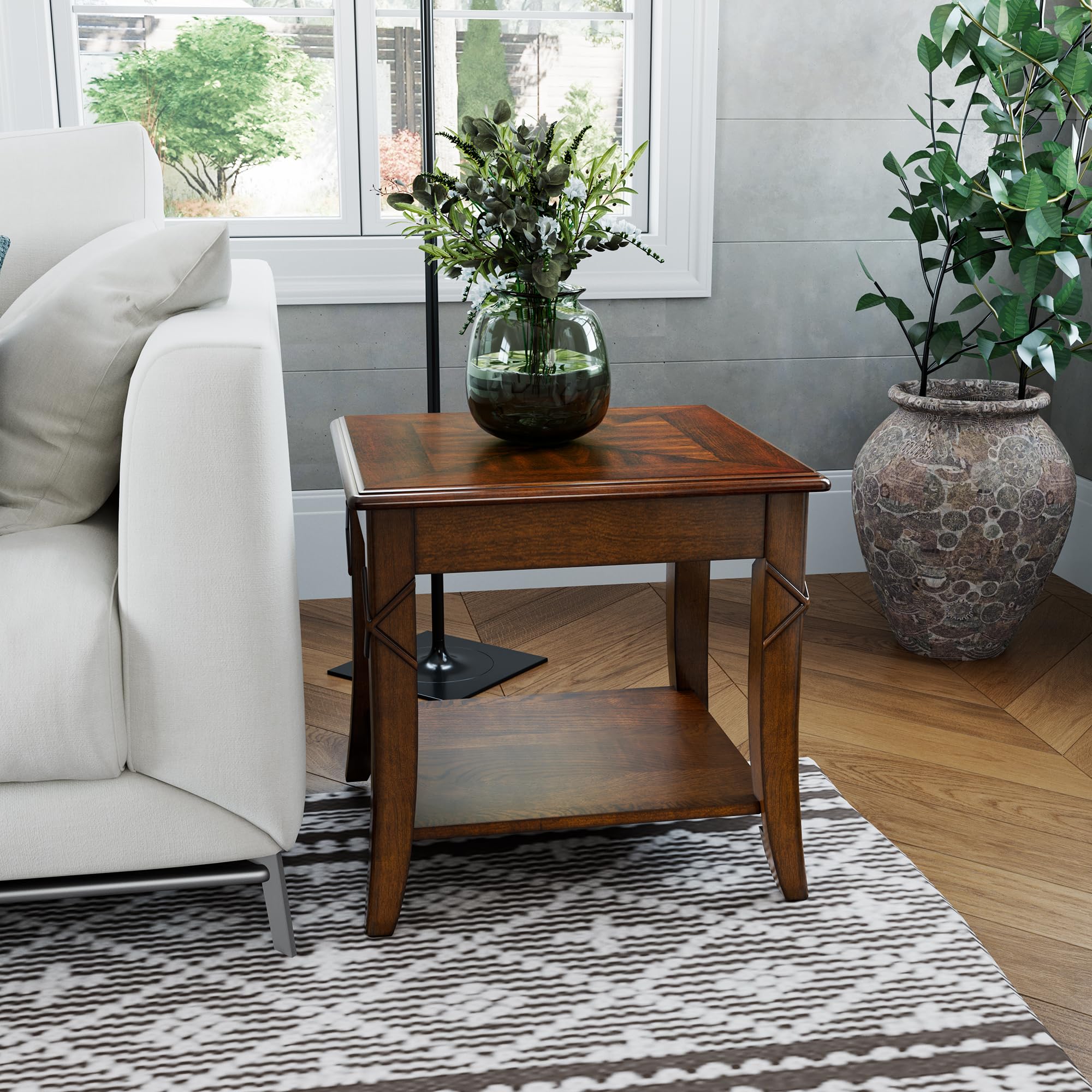 Mid-Century Modern Coffee Table Set with Storage Shelf - 3-Piece Solid Wood Living Room Furniture (1 Coffee Table + 2 End Tables) in Cherry Walnut Finish - Perfect for Living Rooms, Dens and Home Offices - KFZ-DR200-3
