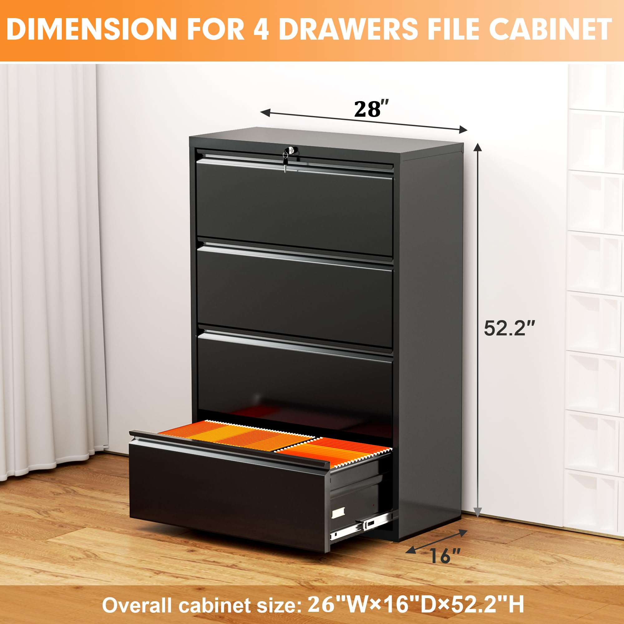 INTERGREAT 4-Drawer Metal Lateral File Cabinet - Locking Horizontal Filing Cabinet for Home Office, Letter/Legal/F4/A4 Hanging Files, Black (28
