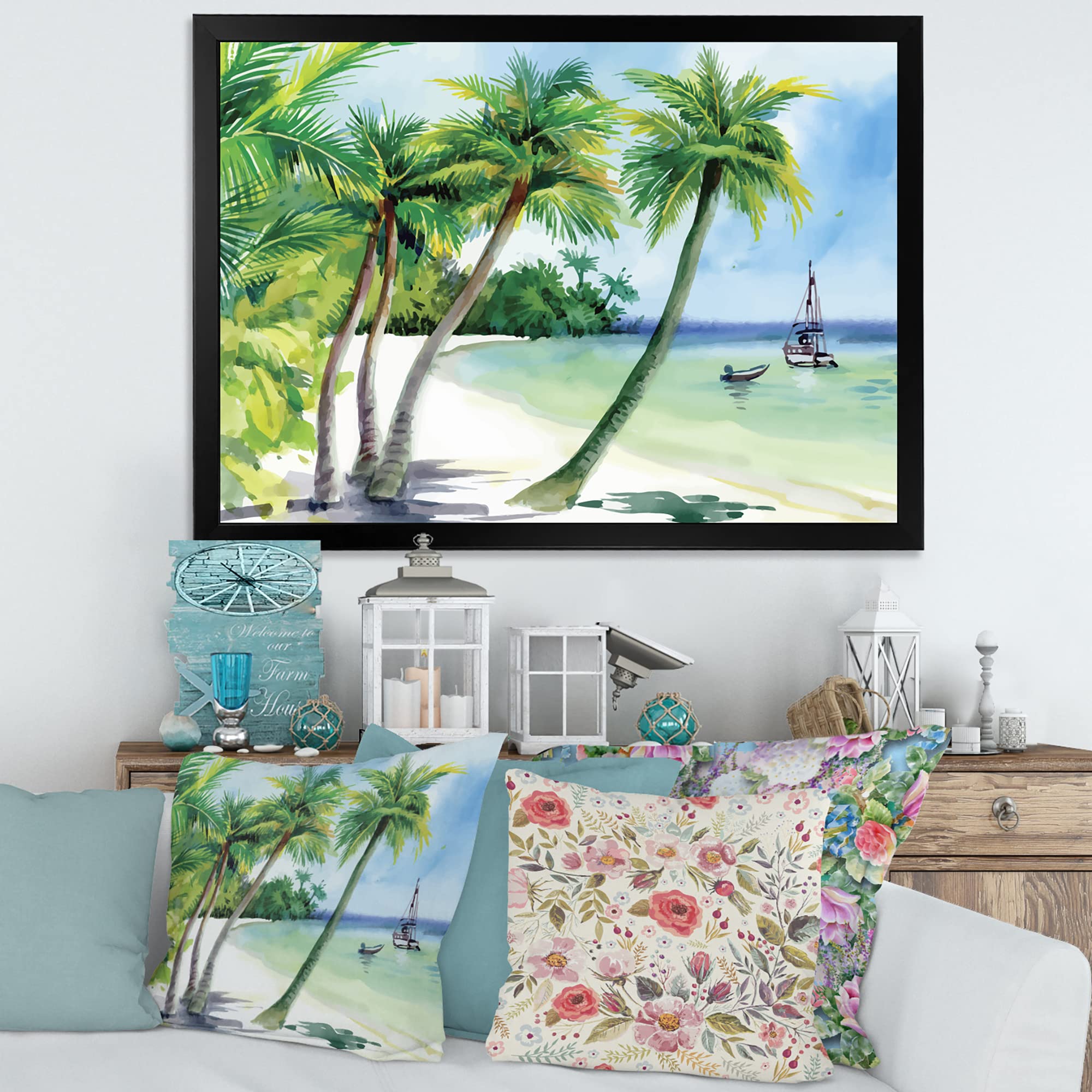 DesignQ Summer Beach Palm Trees Nautical Coastal Framed Wall Art - Tropical Ocean Themed Home Decor for Living Room, Bedroom & Beach House