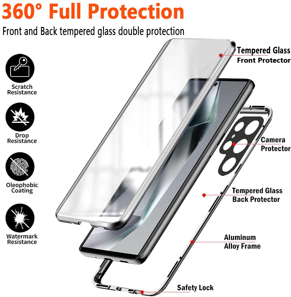 Magnetic Adsorption 360° Protection Case for Samsung Galaxy S24 - Dual Side Tempered Glass, Strong Metal Flip Cover (Black) | Perfect for Work, Travel & Everyday Use