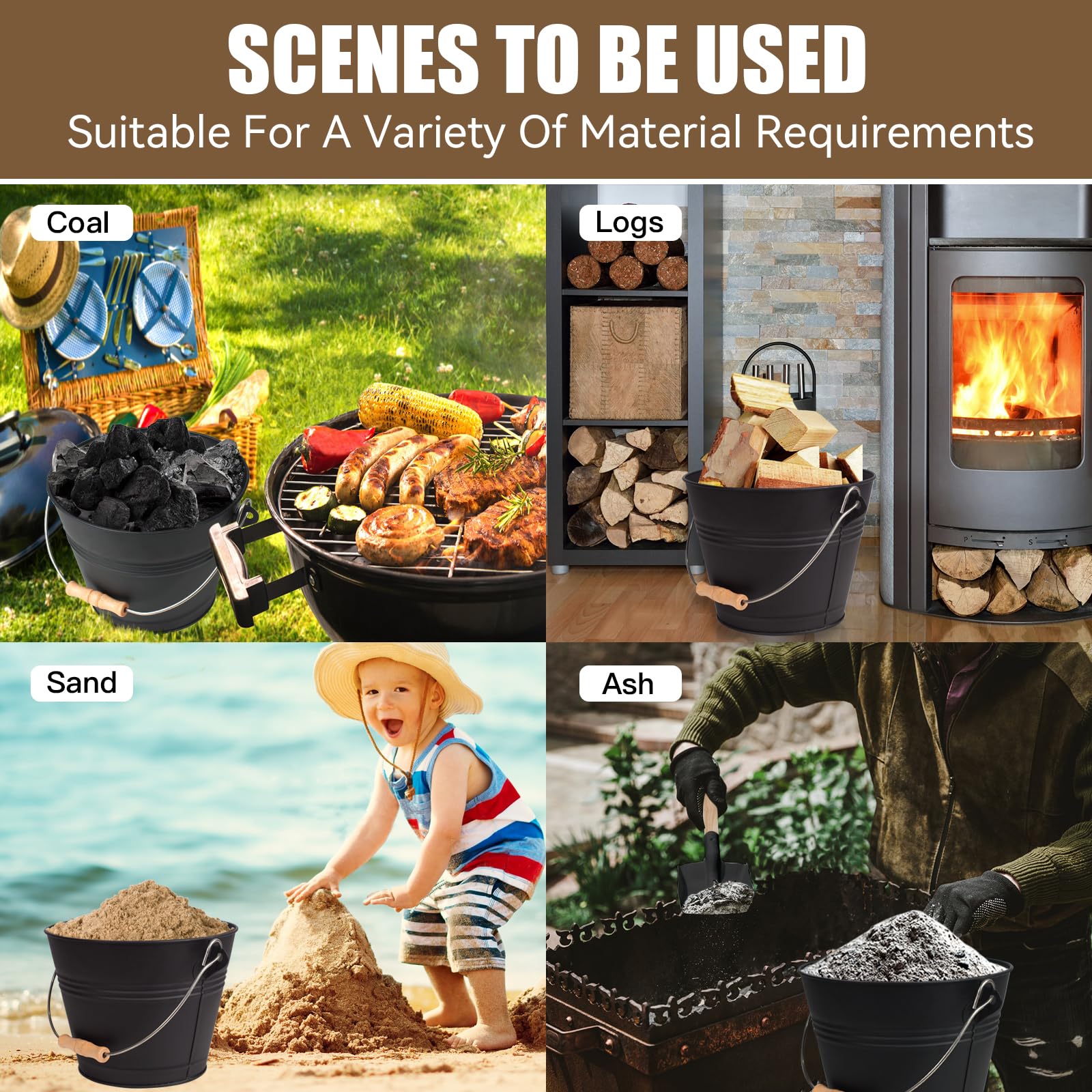 BRIAN & DANY 1.5 Gallon Fireplace Ash Bucket with Lid, Shovel & Broom - Mini Coal Ash Can for Fireplace, Fire Pit, Wood Stove - Perfect for Home Heating, Camping & Outdoor Fire Safety
