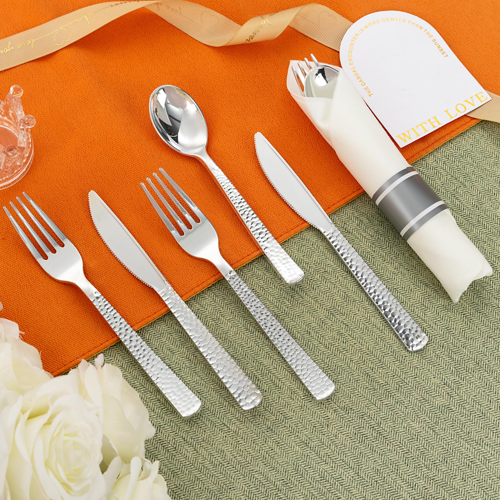 WELLIFE 50-Piece Silver Plastic Cutlery Set with Pre-Rolled Napkins - Includes 50 Forks, 50 Knives & 50 Spoons - Heavy Duty Disposable Utensils for Parties, Picnics, Catering & Events