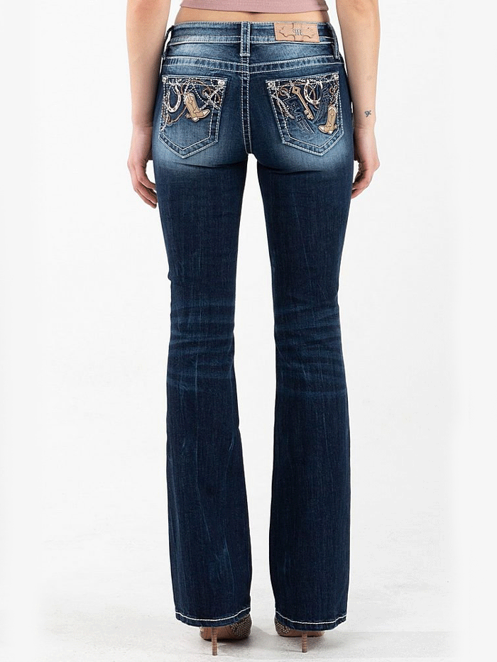 Miss Me M3937B Women's Mid Rise Bootcut Jeans - Dark Blue Denim Pants for Casual Wear & Everyday Outfits