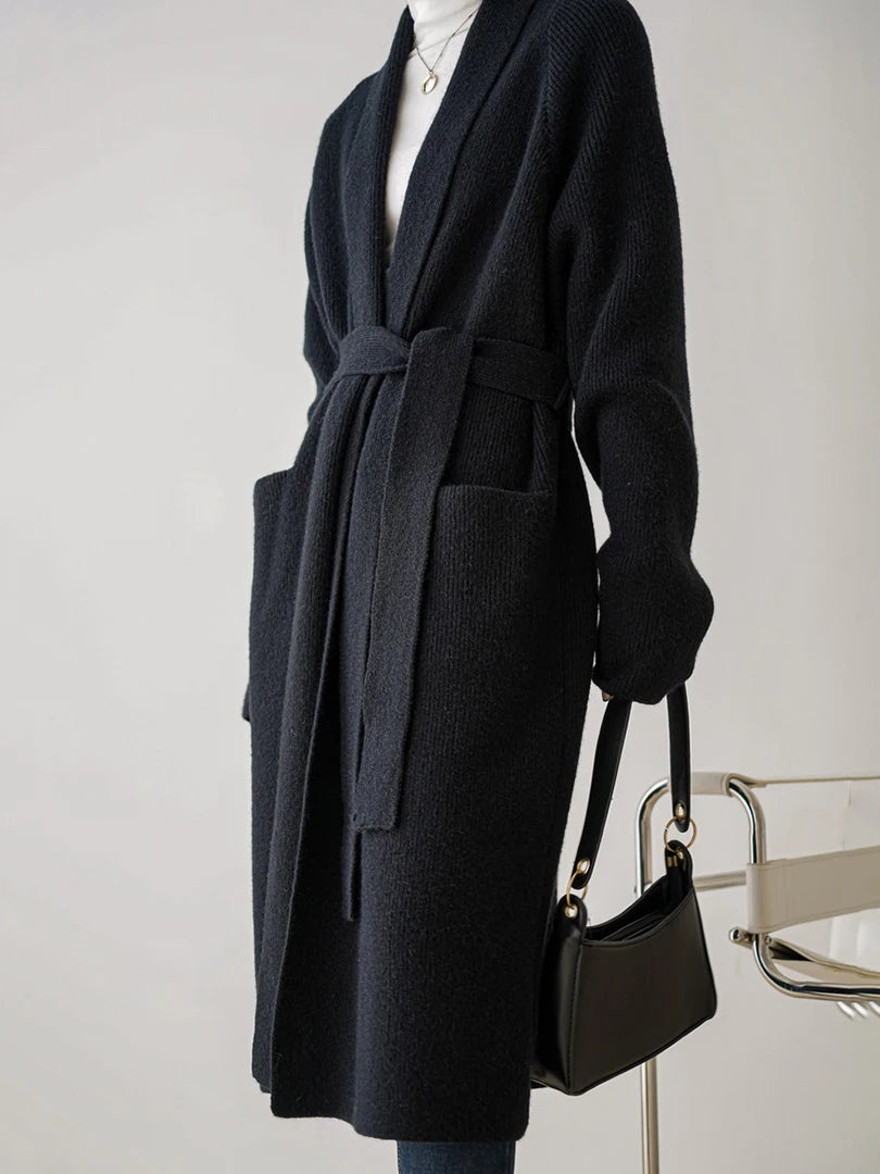 Women's Plus Size Long Knit Cardigan Sweater - Black Belted V-Neck Long Sleeve Open Front Wrap Coat | 2025 Spring Autumn Fashion | Casual Office Wear, Layering Piece, Travel Outfit