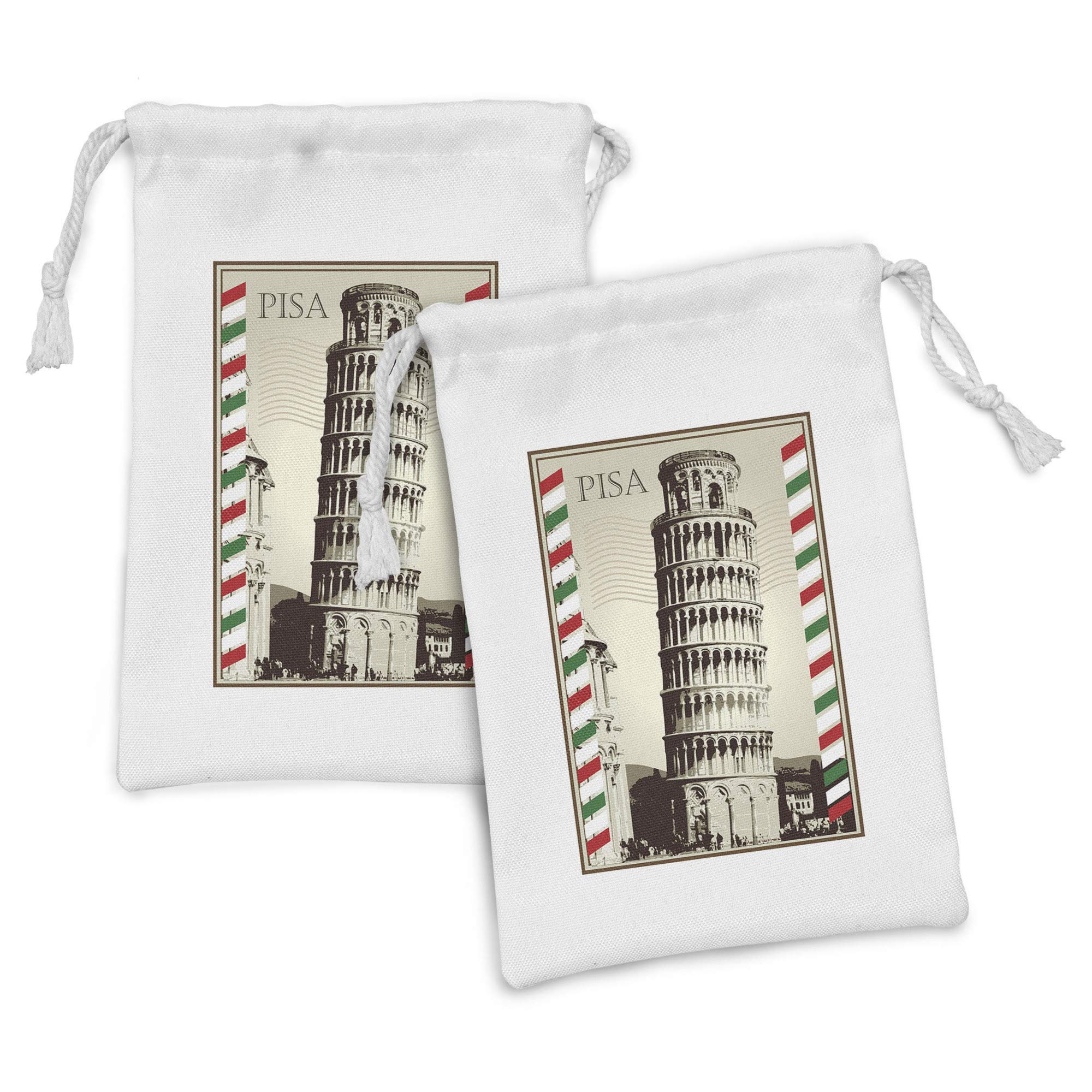 Ambesonne Pisa Fabric Pouch Set of 2 - Vintage Italian Landmark Drawstring Bags for Travel, Toiletries & Gifts | 9