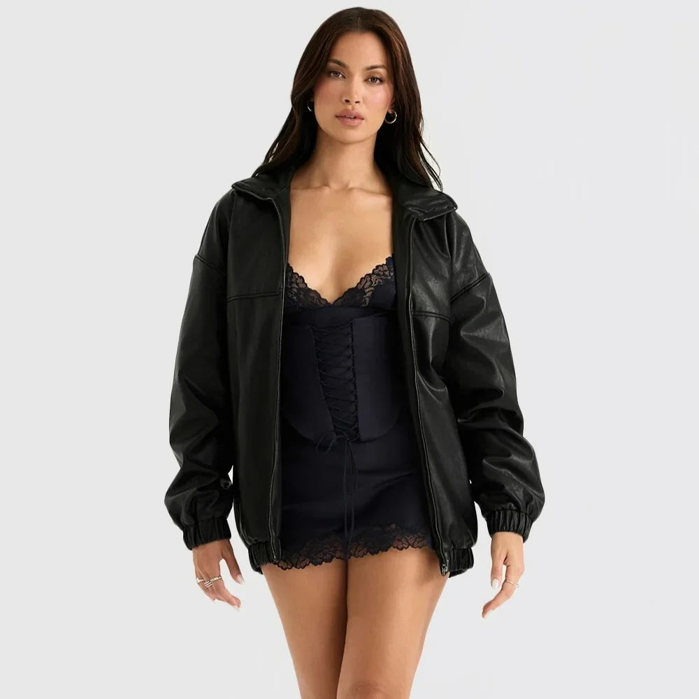 Stylish Black Leather Jacket for Women - Autumn & Winter Fashion 2024 | Retro High Street Trend | Premium Outerwear for Casual & Night Out