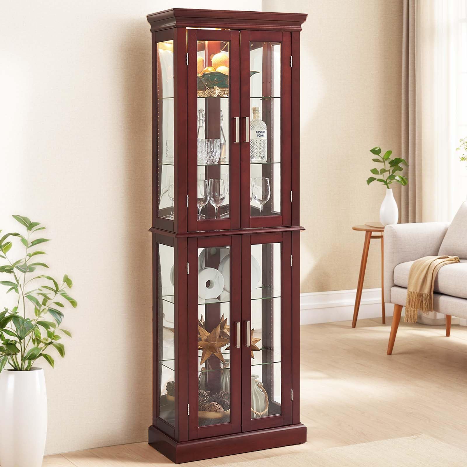 Vintage Cherry Wooden Display Cabinet with LED Lighted Glass Shelves - 70