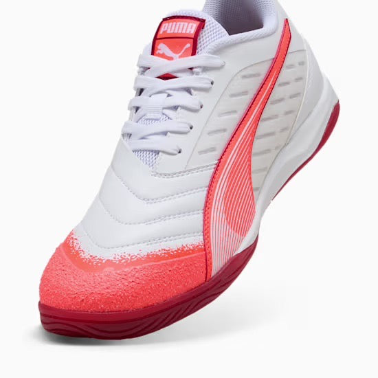 Puma Ibero IV IN Football Cleats for Men - White/Glowing Red/Dark Crimson Soccer Shoes | Lightweight & Durable for Turf & Artificial Grass Fields