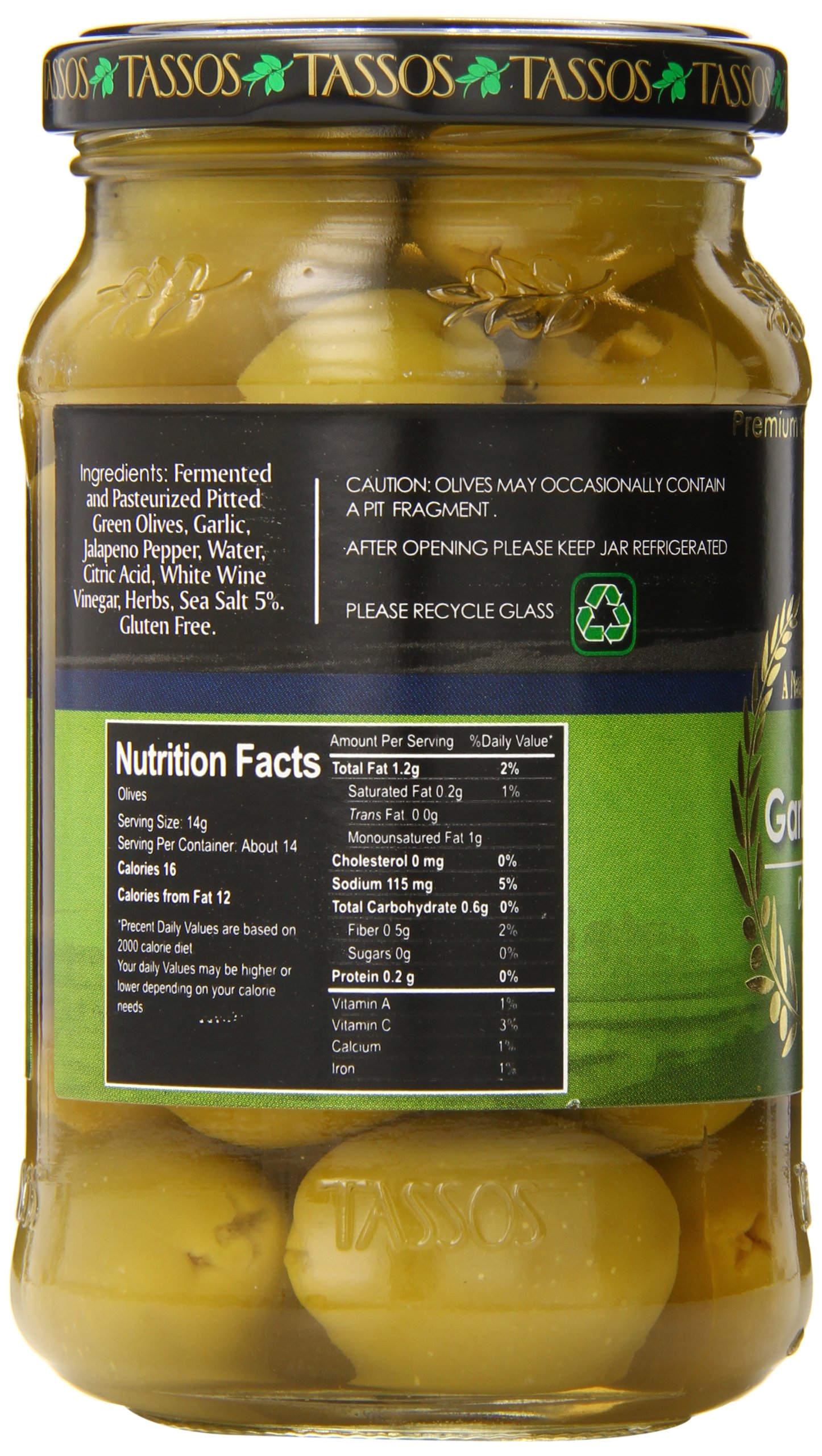 Tassos Stuffed Green Olives with Garlic & Jalapeno - 13.1 oz Jar | Premium Mediterranean Snack for Charcuterie Boards, Salads & Cocktails