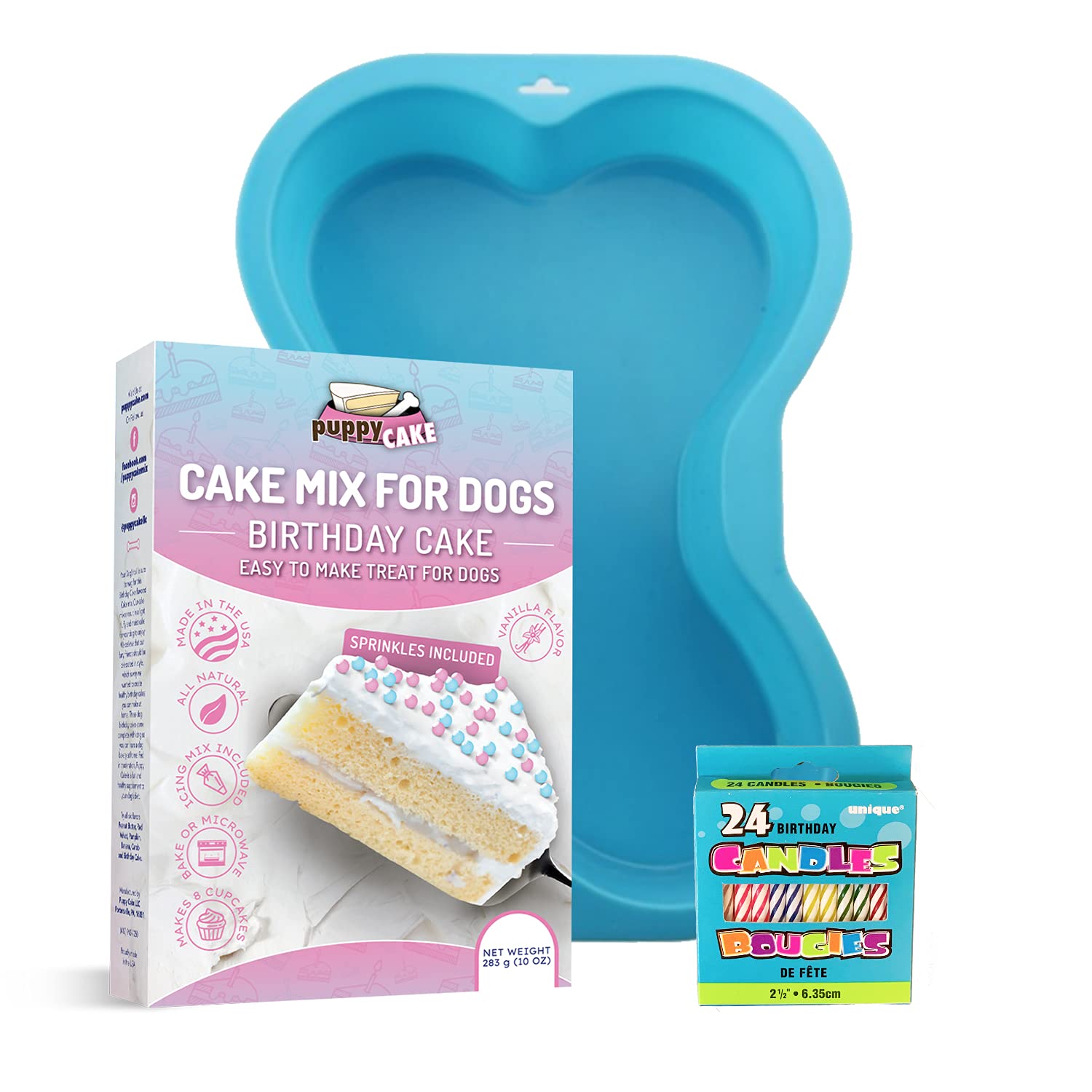 Puppy Cake Mix Dog Birthday Cake Kit - Includes Bone Silicone Pan & Candles (Blue, Made in USA) | Perfect for Dog Birthday Parties & Special Occasions