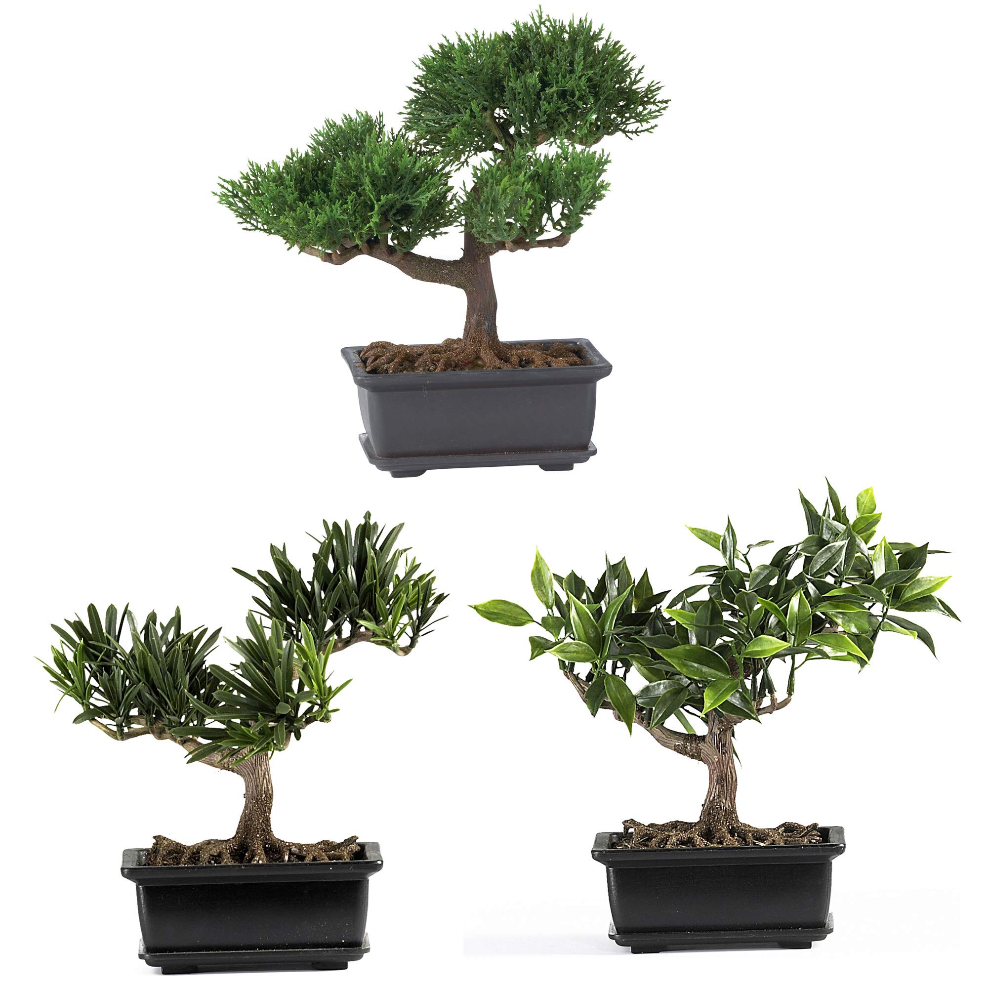 Nearly Natural 8.5 Inch Bonsai Silk Plant Set of 3 - Realistic Artificial Bonsai Trees for Home Office Decor, Zen Garden, Tabletop Display & Asian-Inspired Interior Design