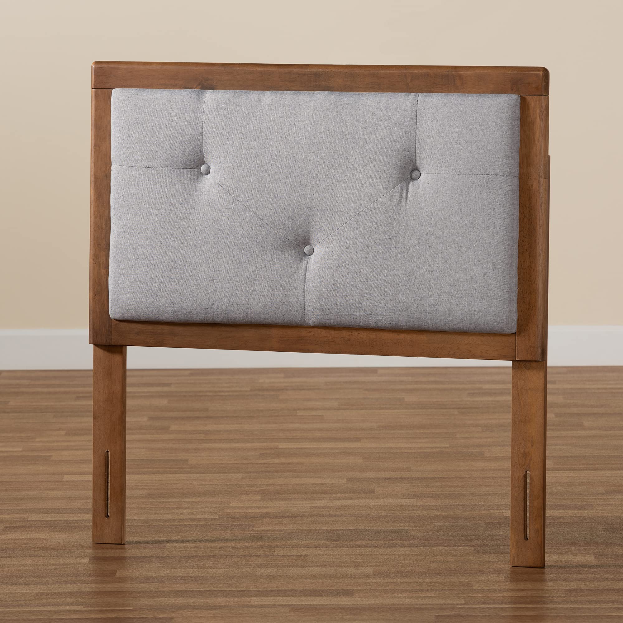 Baxton Studio Abner Modern Twin Size Headboard - Light Grey Fabric Upholstery with Walnut Brown Wood Finish | Perfect for Contemporary Bedroom Decor and Small Space Living