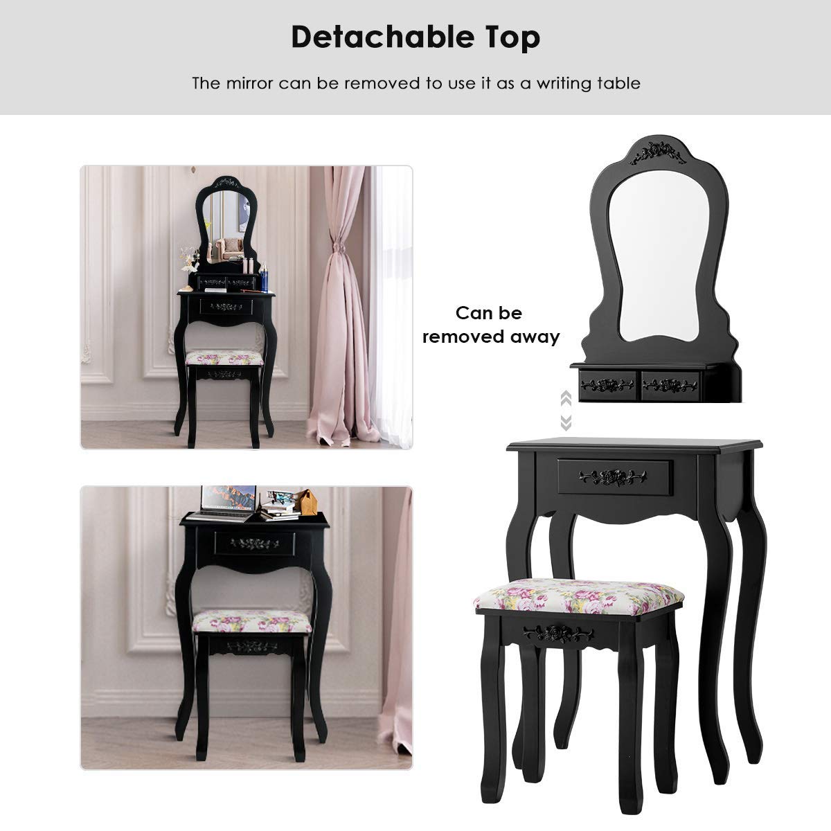 Vanity Table Set with Stool & Mirror - Multifunctional Makeup Dressing Table, Writing Desk with Drawers, Fan-Shaped Mirror & Cushioned Stool - Contemporary White Dressing Table for Bedroom, Home Office & Beauty Salon Use
