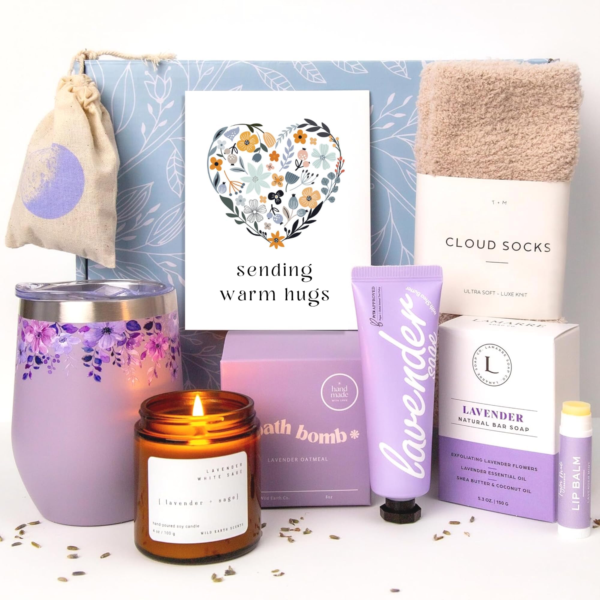 Lavender Spa Gift Basket for Women - Relaxation Self Care Set with Scented Candle, Wine Tumbler, Bath Bomb, Soap, Socks & Hand Cream | Perfect Birthday, Mother's Day & Sympathy Gift for Her | Home Spa & Wellness Retreat Essentials