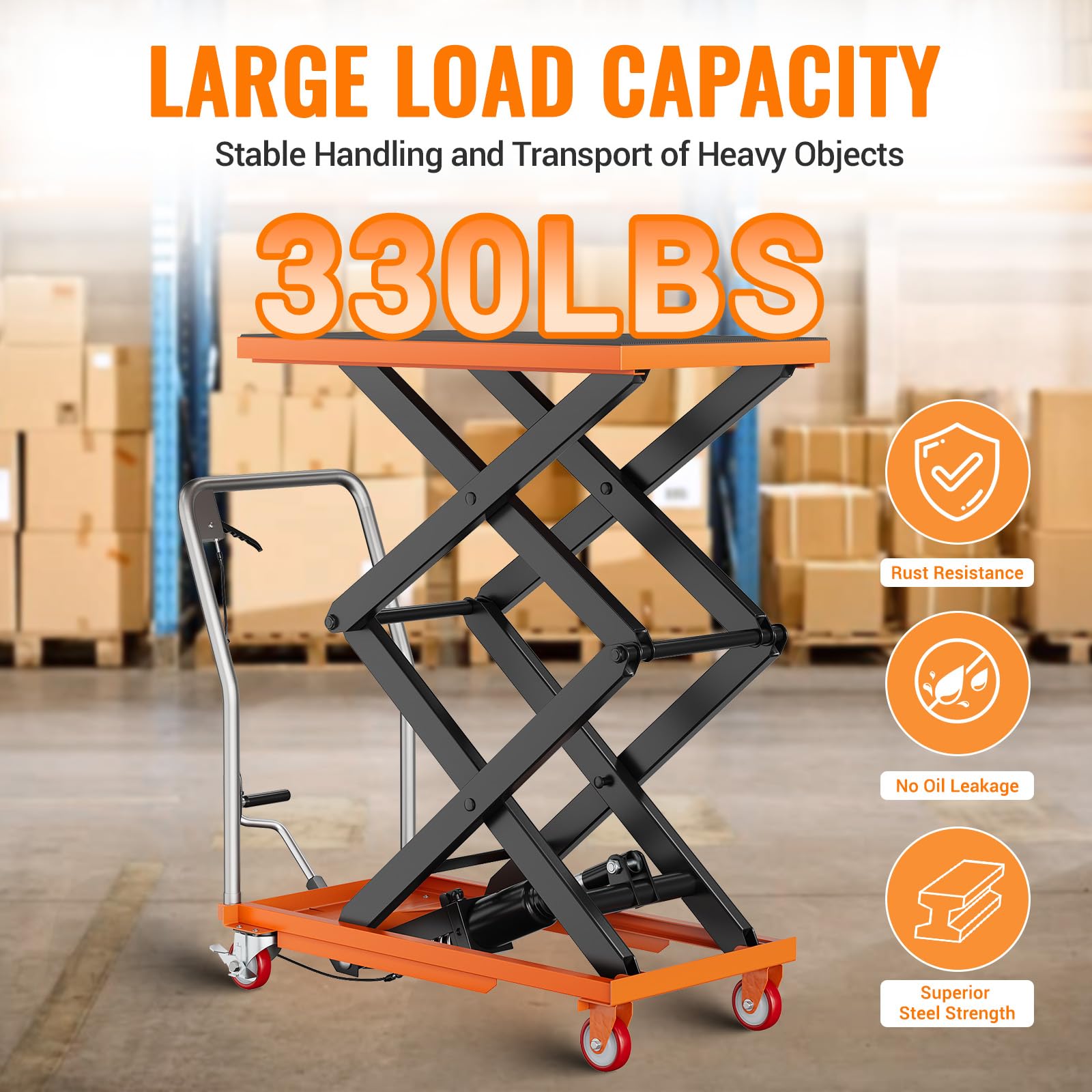 GARVEE 330lbs Capacity Hydraulic Lift Table Cart - Manual Double Scissor Lift with Non-Slip Pad for Warehouse, Workshop & Garage - Heavy Duty Material Handling & Transportation Equipment (50