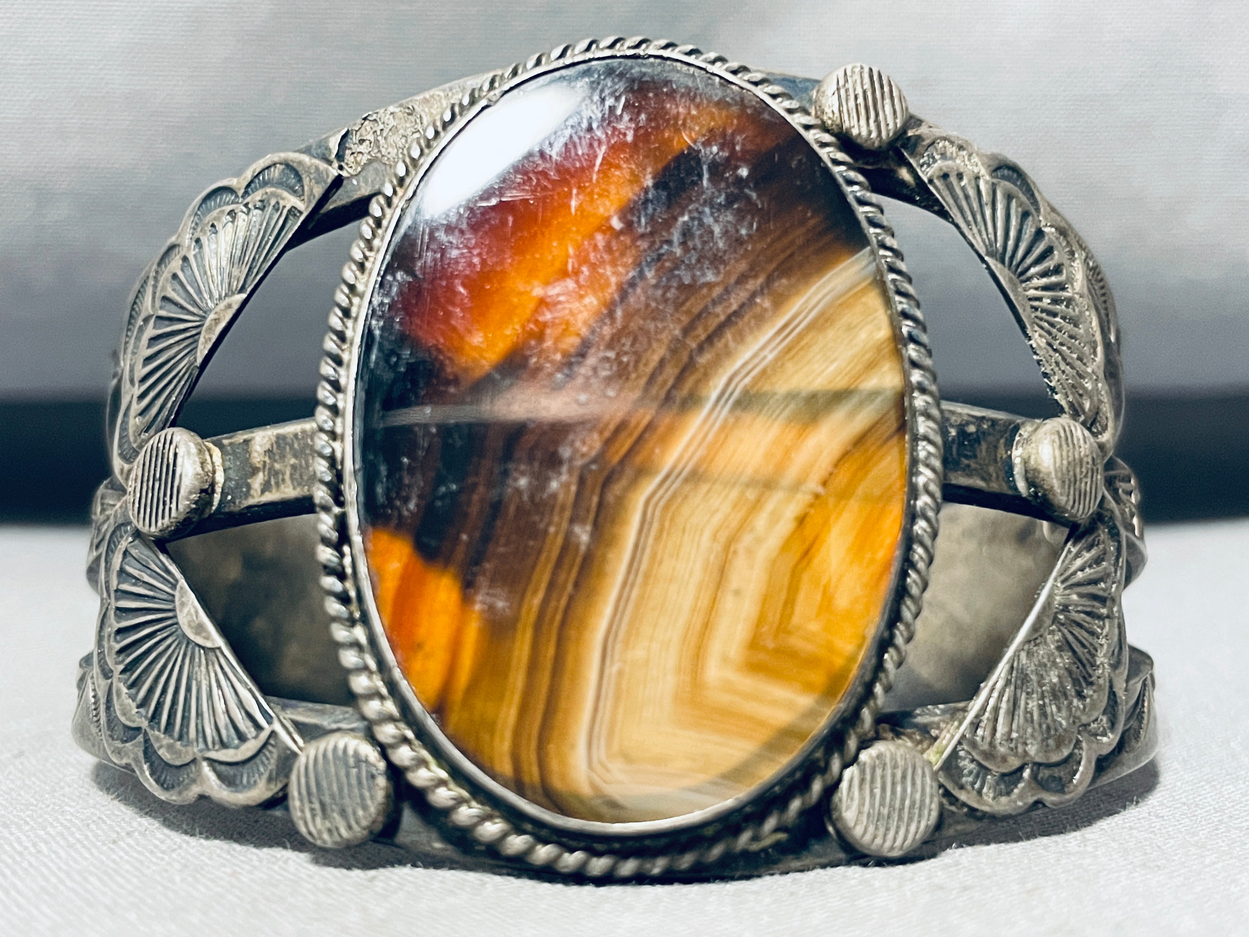 Vintage 1940s Navajo Sterling Silver Bracelet with Petrified Wood - Authentic Native American Jewelry for Collectors & Boho Fashion