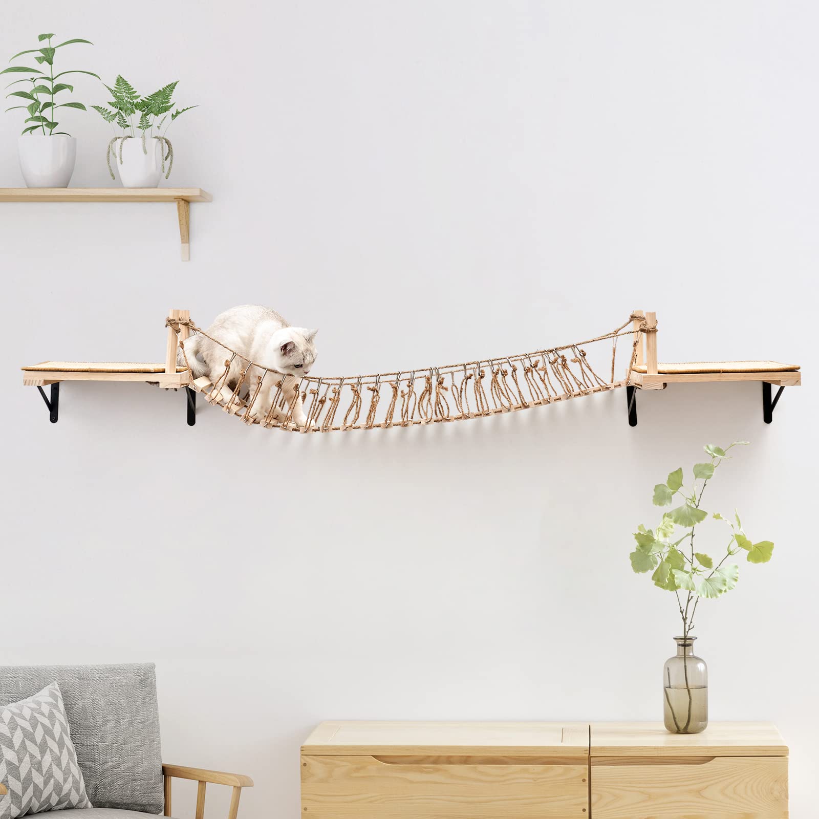 **Wall-Mounted Cat Rope Bridge & Shelves - Wooden Cat Wall Furniture for Indoor Cats, Climbing, Sleeping & Play - Includes Sisal Scratch Mat - Perfect for Small Spaces & Cat Enrichment**