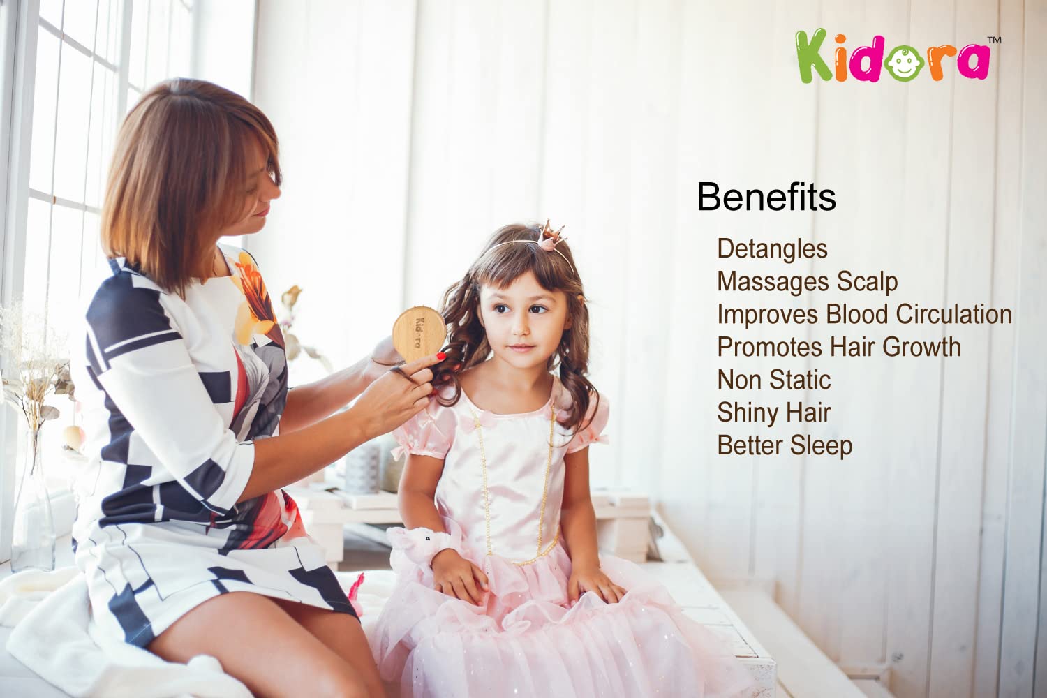 Kidora Wooden Baby Hair Brush with Natural Bamboo Bristles - Gentle Scalp Massage & Hair Grooming Brush for Kids & Toddlers - Travel-Friendly Mini Hairbrush for Newborns & Infants - Perfect for Daily Care, Baby Shower Gifts & On-the-Go Parenting