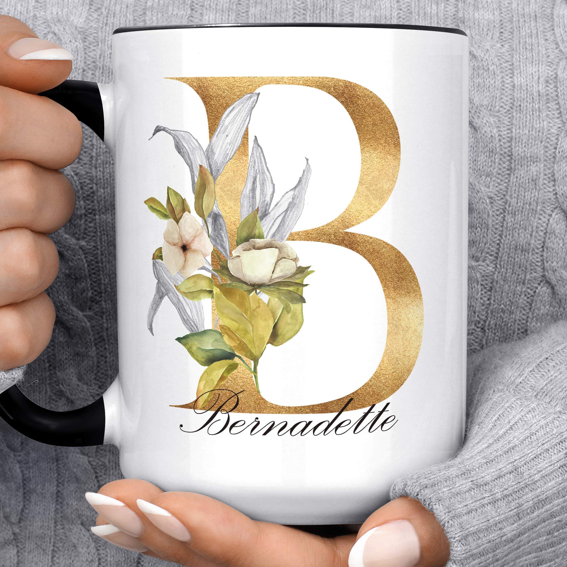 Personalized Name Coffee Mug - Custom Gold Floral Monogram Initial Ceramic Cup | Microwave & Dishwasher Safe | Perfect for Office Gifts, Birthday Presents & Home Decor