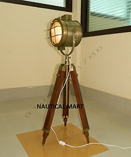 NauticalMart Handmade Designer Wooden Tripod Floor Lamp with Adjustable Searchlight - Perfect for Living Room, Bedroom, or Office Decor