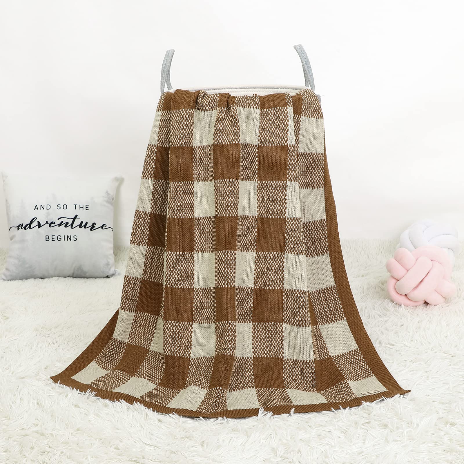LAWKUL Crochet Coffee Baby Blanket - Soft Cable Knit Crib Blanket for Newborns (40