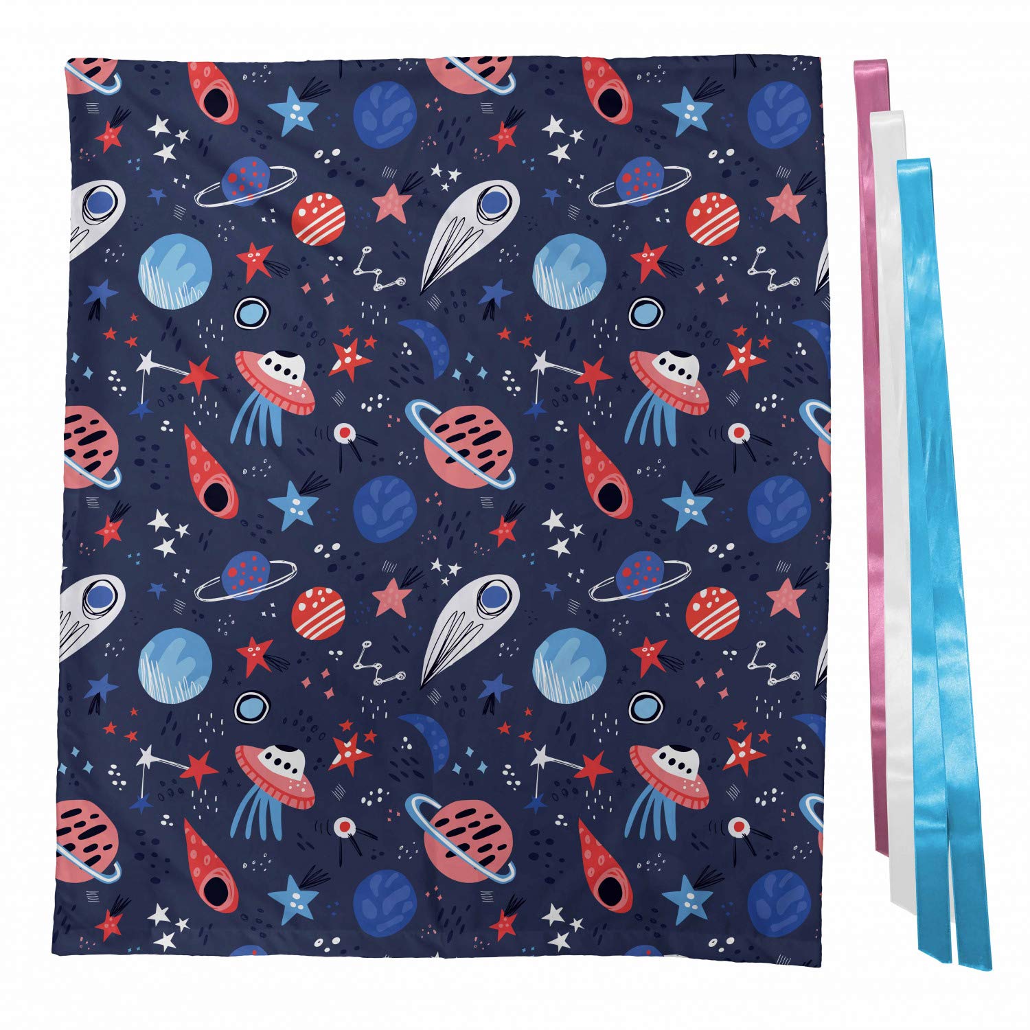 Lunarable Outer Space Themed Gift Bag - Galactic Star & Planet Pattern Fabric Party Favor Pouch with 3 Ribbons, 27