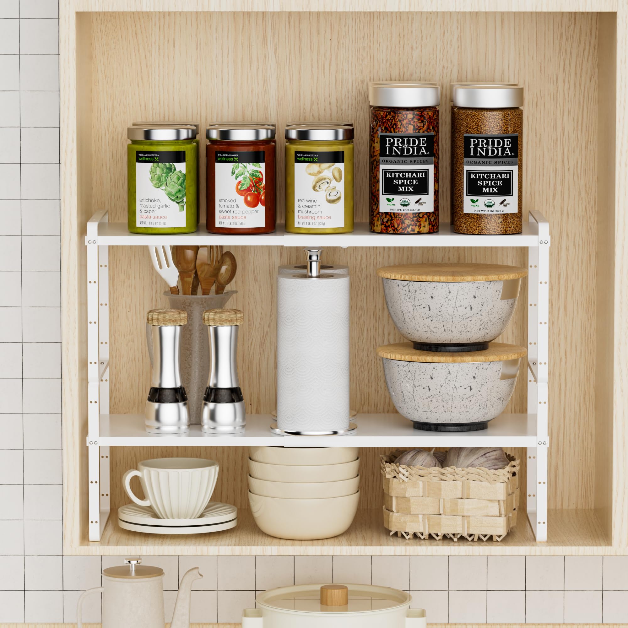 Expandable Cabinet Organizer Shelf - Stackable Pantry & Spice Rack for Kitchen, Bathroom, Under Sink & Office Storage - White (8.07