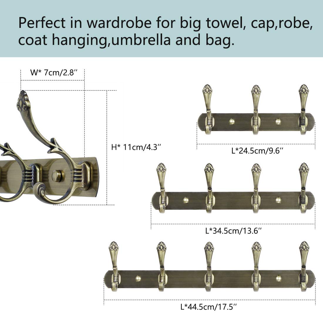 Stainless Steel Coat Hook Rail - 3 Hooks for Bathroom & Closet