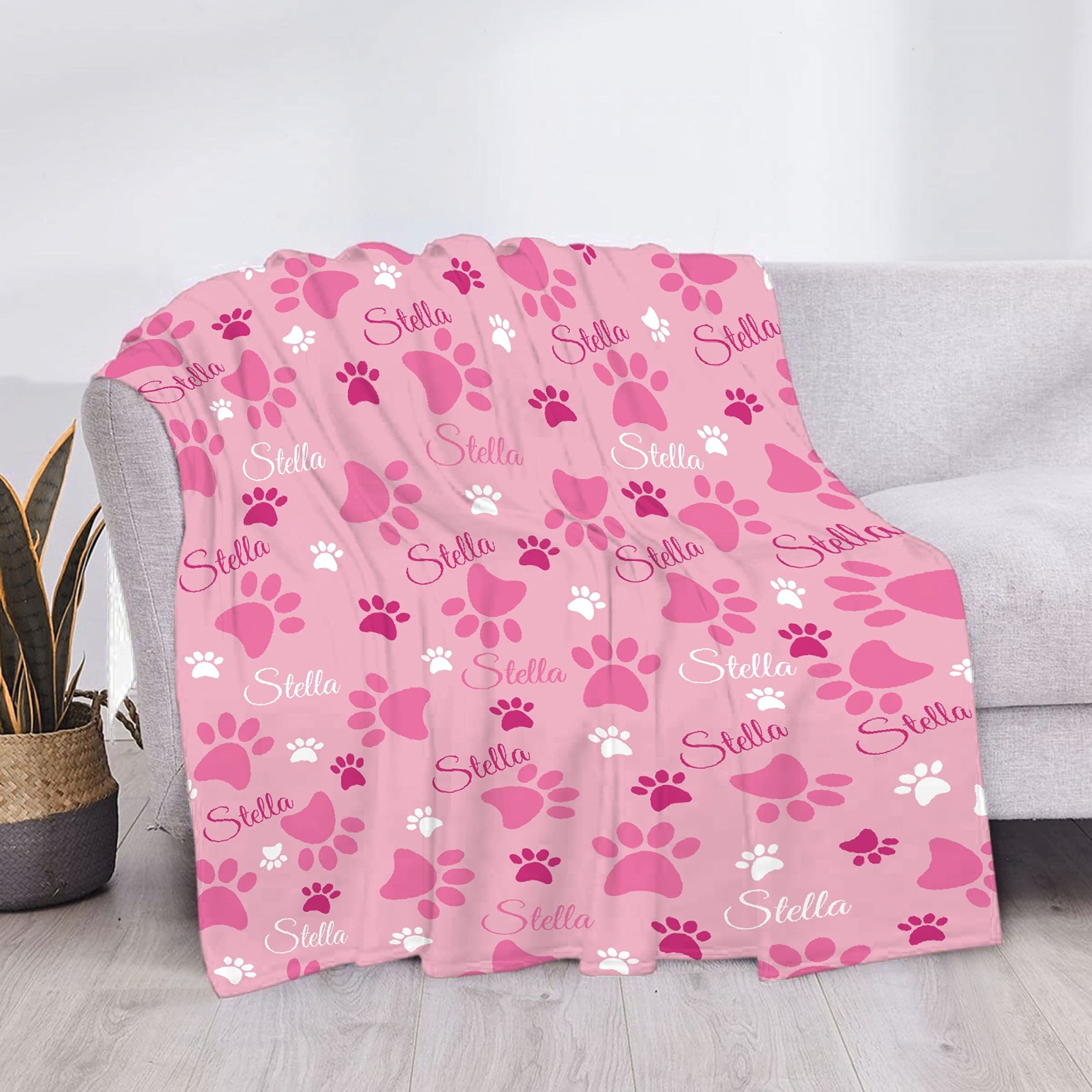 Custom Personalized Dog Blanket with Name & Paw Print - Soft Pink Fleece Pet Blanket for Dogs - Cozy Gift for Dog Lovers, Mom & Dad - Perfect for Bed, Sofa & Couch (Large Size for Adults) - Ideal for Pet Snuggles, Home Decor & Gift Occasions