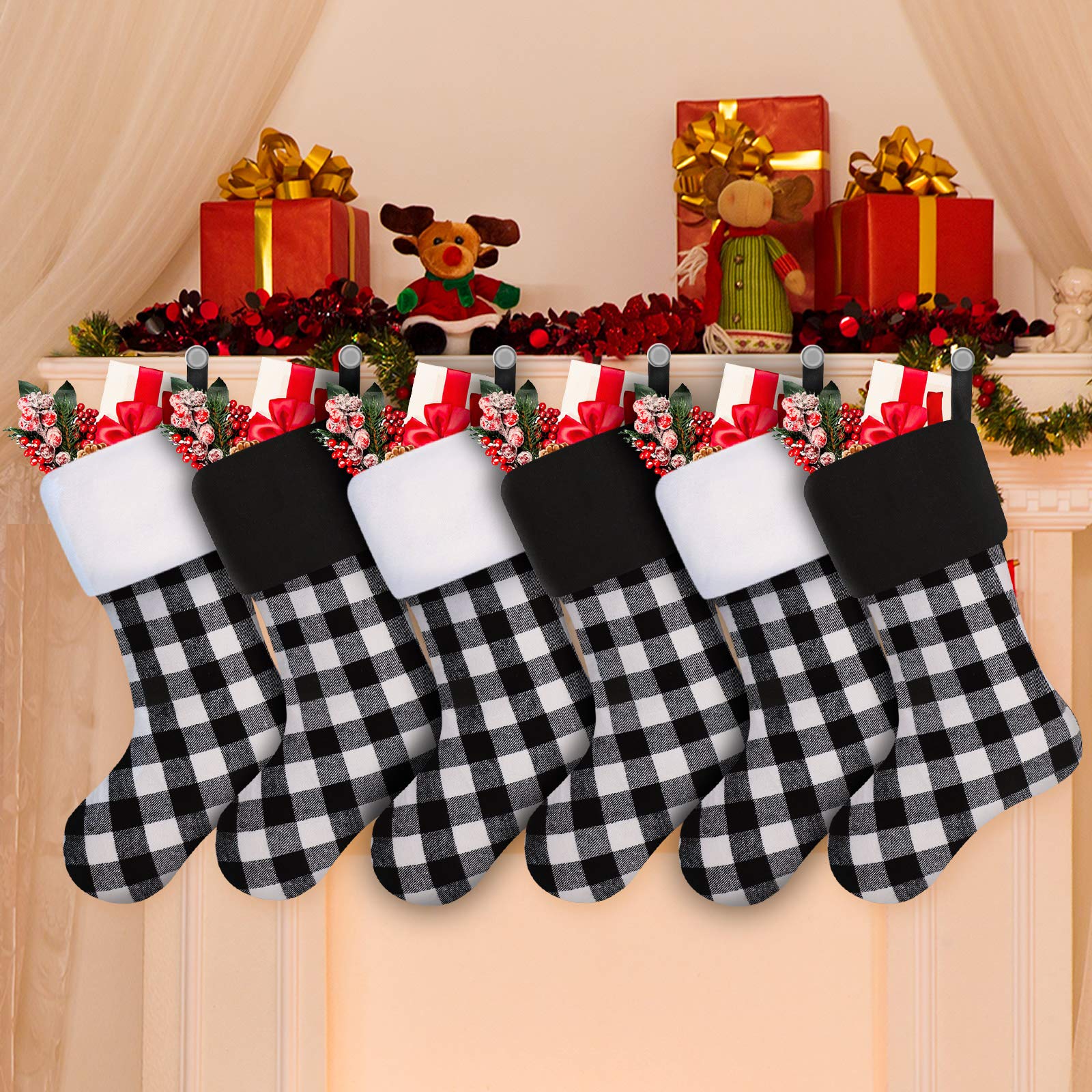 Skylety 20 Inch Christmas Stockings - Plaid Holiday Stockings with Faux Fur Cuff for Fireplace Decorations, Family Xmas Party (Black & White, Set of 6) - Perfect for Christmas Tree Decor, Gift Exchange & Festive Home Decor
