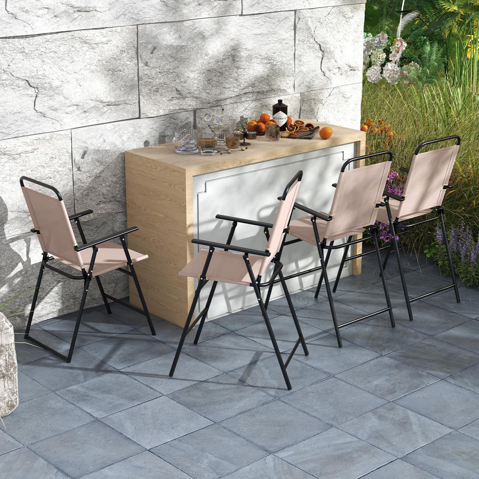 Giantex Outdoor Folding Bar Chair Set of 2 - Patio Bar Stools with Backrest, Armrests & Footrest - Heavy Duty 330 LBS Capacity Metal Frame Bar-Height Chairs for Backyard, Poolside, Balcony, Deck - Perfect for Outdoor Dining, Entertaining & Relaxation