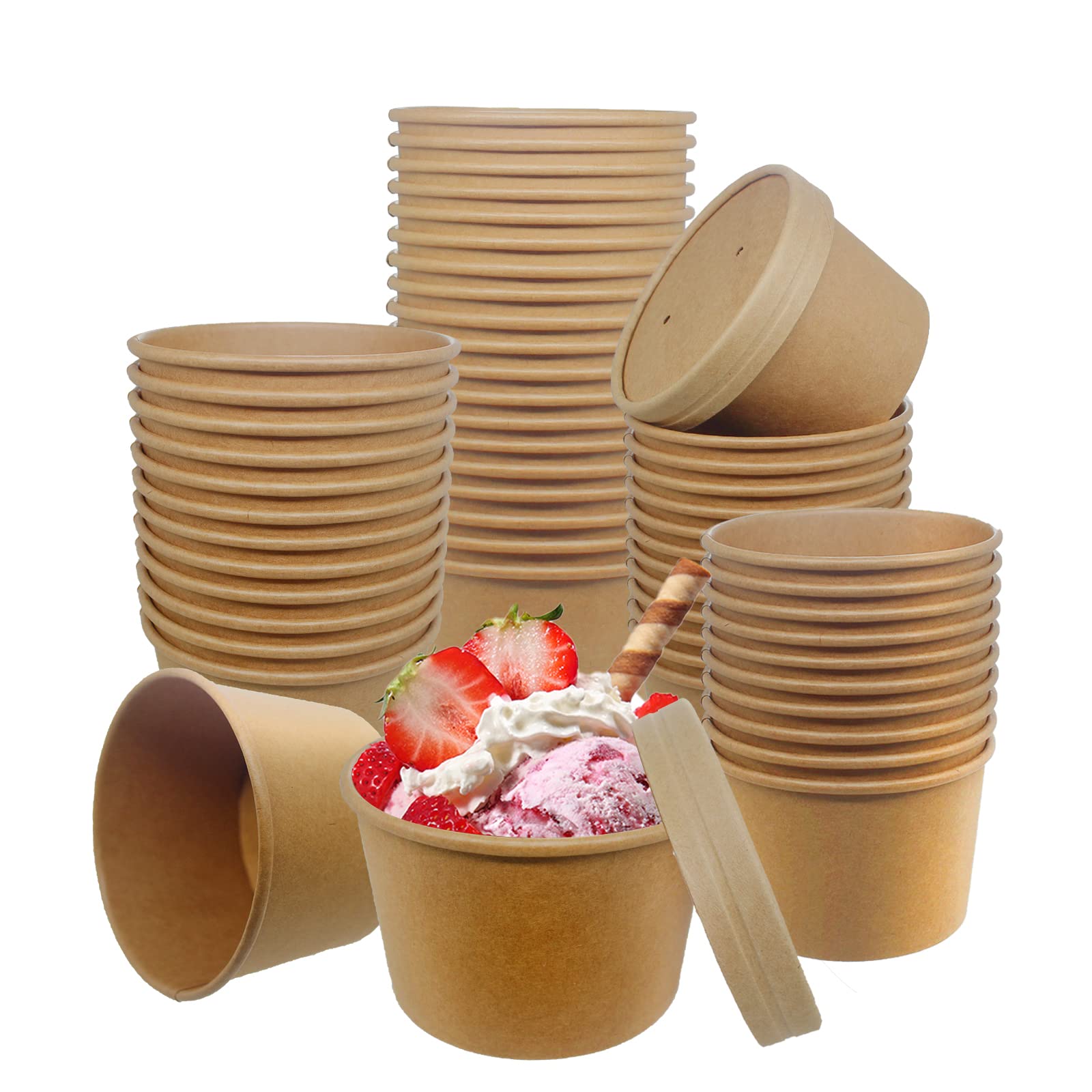 50-Pack 8oz Compostable Kraft Paper Soup Cups with Vented Lids - Eco-Friendly Disposable Food Containers for Ice Cream, Takeout, Restaurants & Picnics | Perfect for Hot/Cold Beverages, Party Serving & On-the-Go Meals